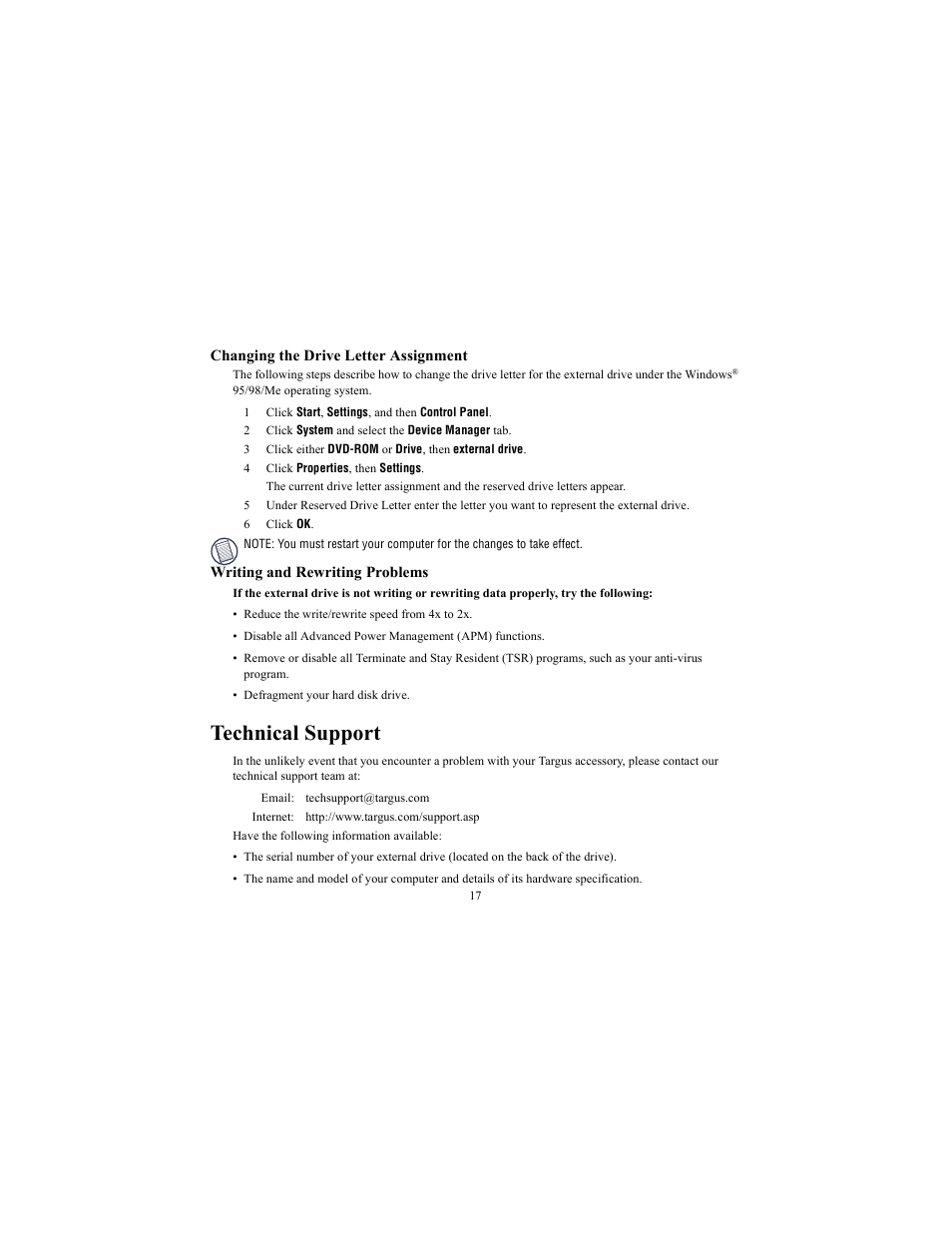 Changing the drive letter assignment, Writing and rewriting problems, Technical support | Targus NOTEWORTHY 400-0084-001A User Manual | Page 17 / 19