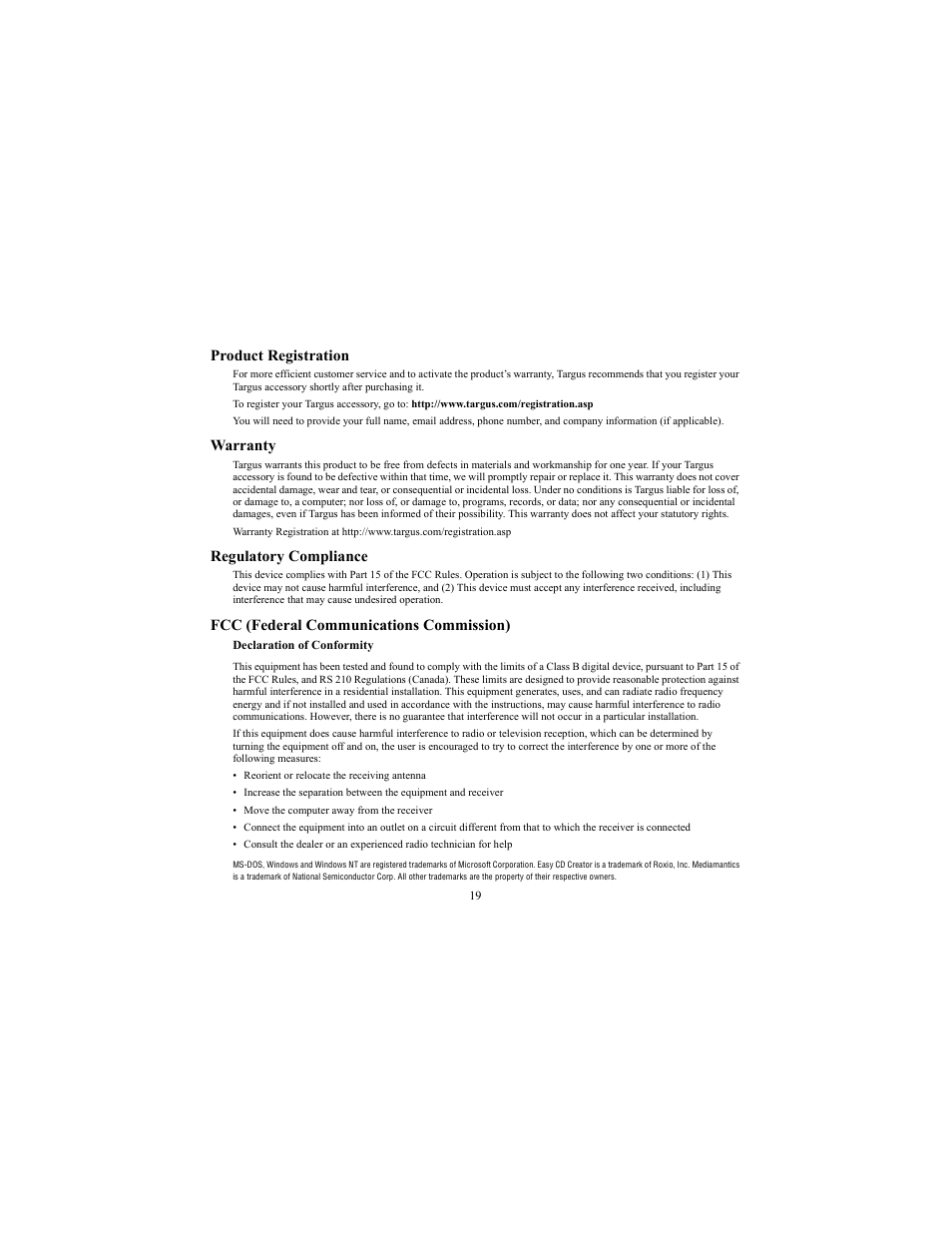 Product registration, Warranty, Regulatory compliance | Fcc (federal communications commission) | Targus NOTEWORTHY 400-0084-001A User Manual | Page 19 / 19