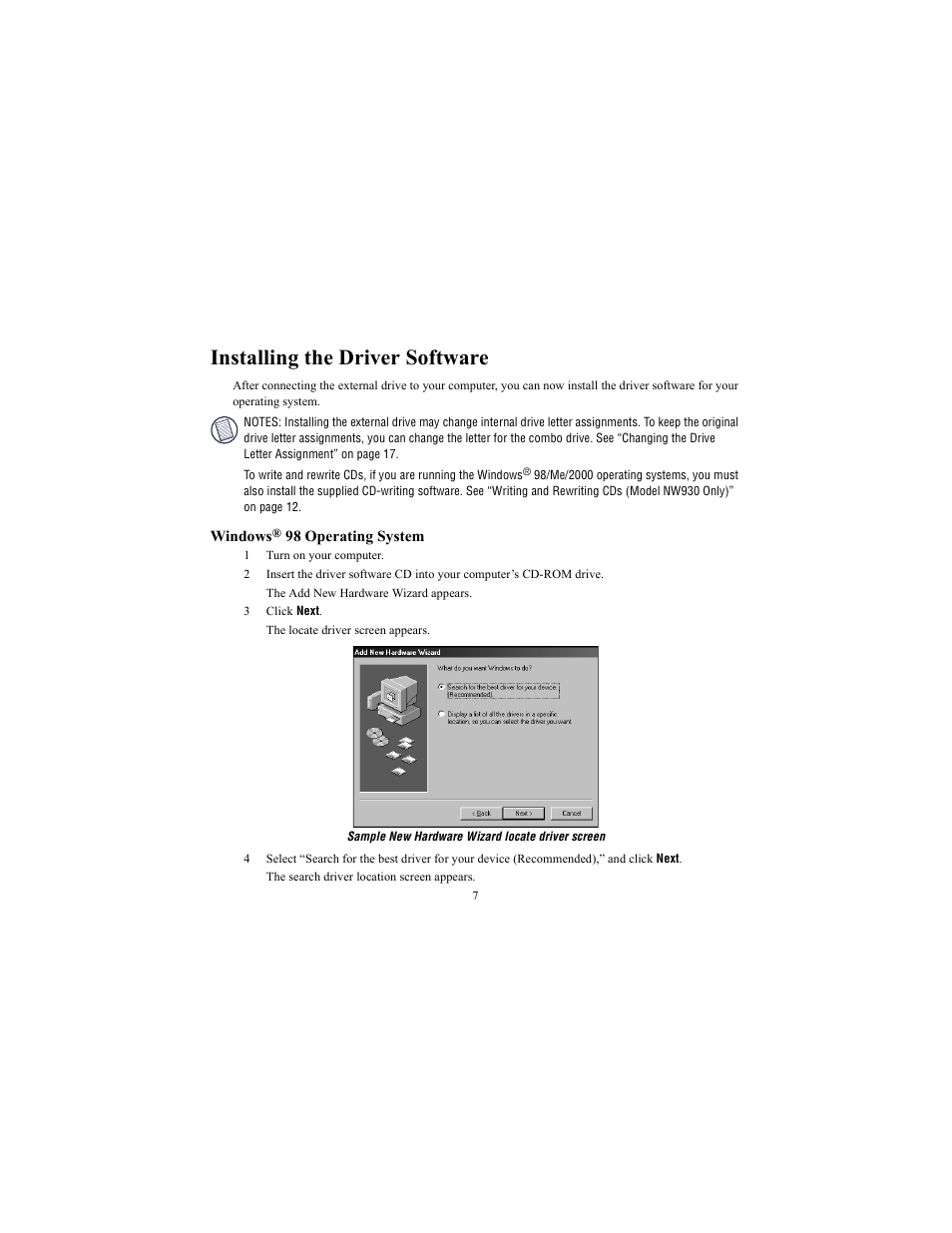 Installing the driver software, Windows® 98 operating system | Targus NOTEWORTHY 400-0084-001A User Manual | Page 7 / 19