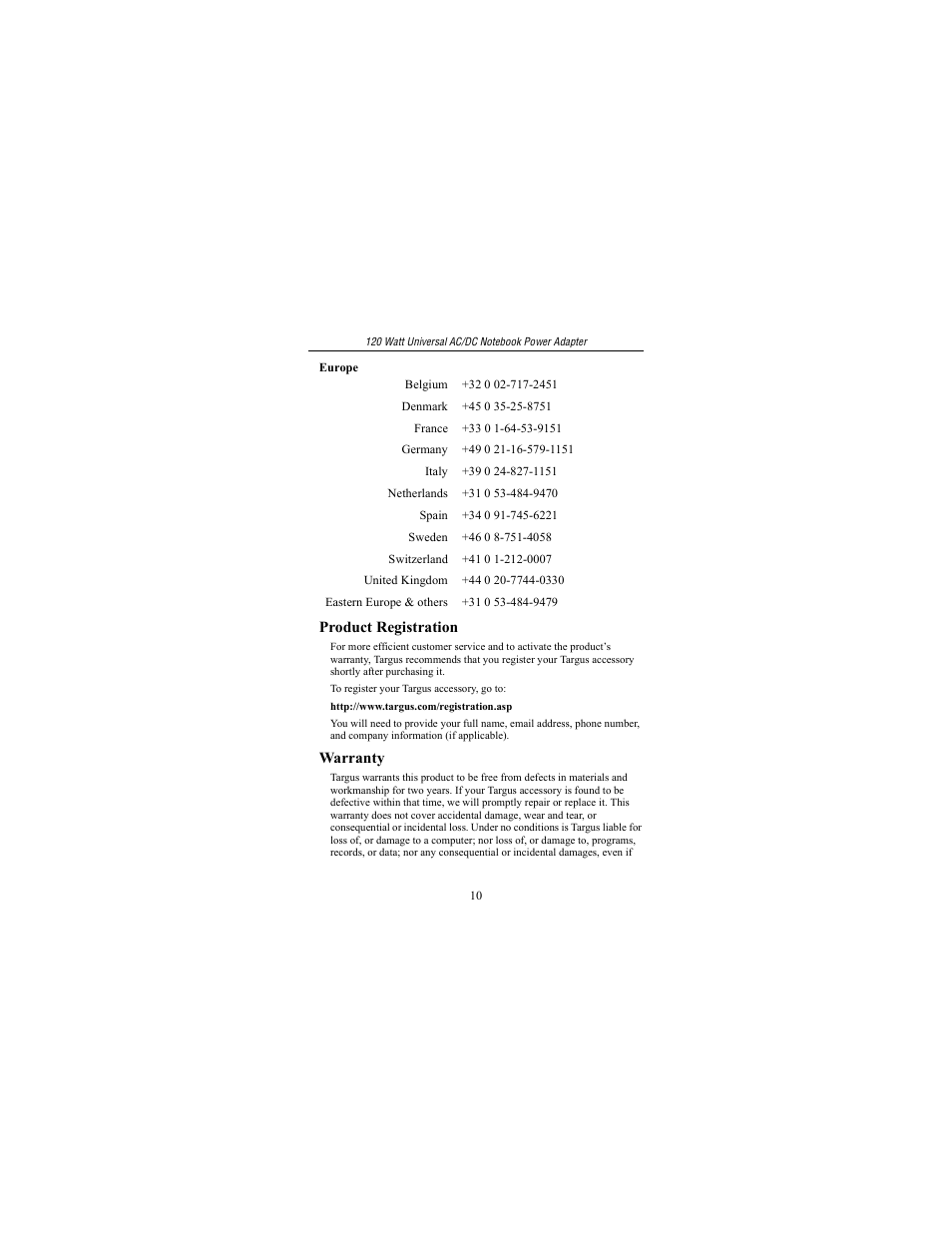 Targus 120 Watt Universal AC/DC Notebook Power Adapter User Manual | Page 10 / 11