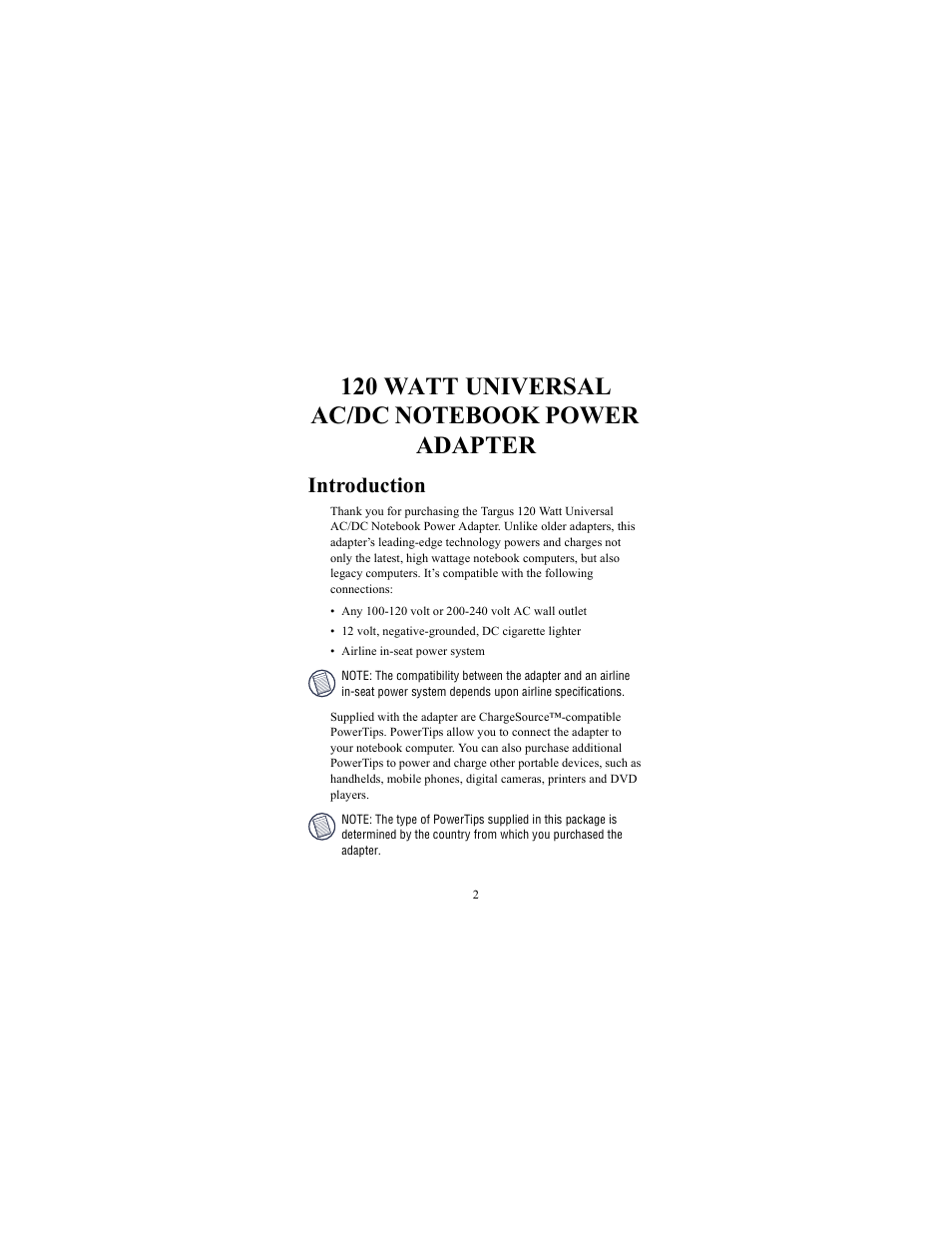 Introduction | Targus 120 Watt Universal AC/DC Notebook Power Adapter User Manual | Page 2 / 11
