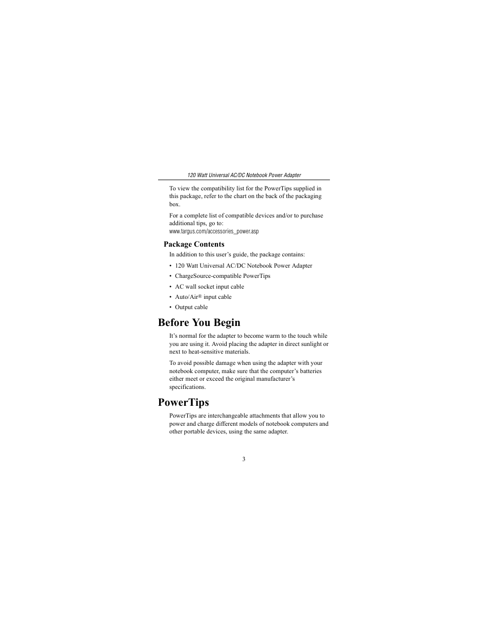 Before you begin, Powertips | Targus 120 Watt Universal AC/DC Notebook Power Adapter User Manual | Page 3 / 11