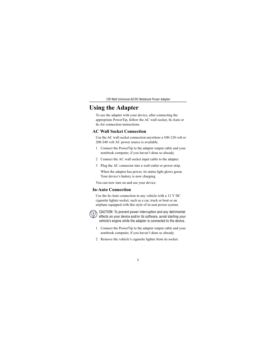 Using the adapter | Targus 120 Watt Universal AC/DC Notebook Power Adapter User Manual | Page 5 / 11
