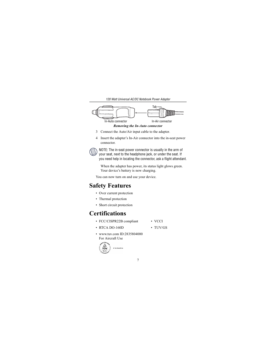 Safety features, Certifications | Targus 120 Watt Universal AC/DC Notebook Power Adapter User Manual | Page 7 / 11
