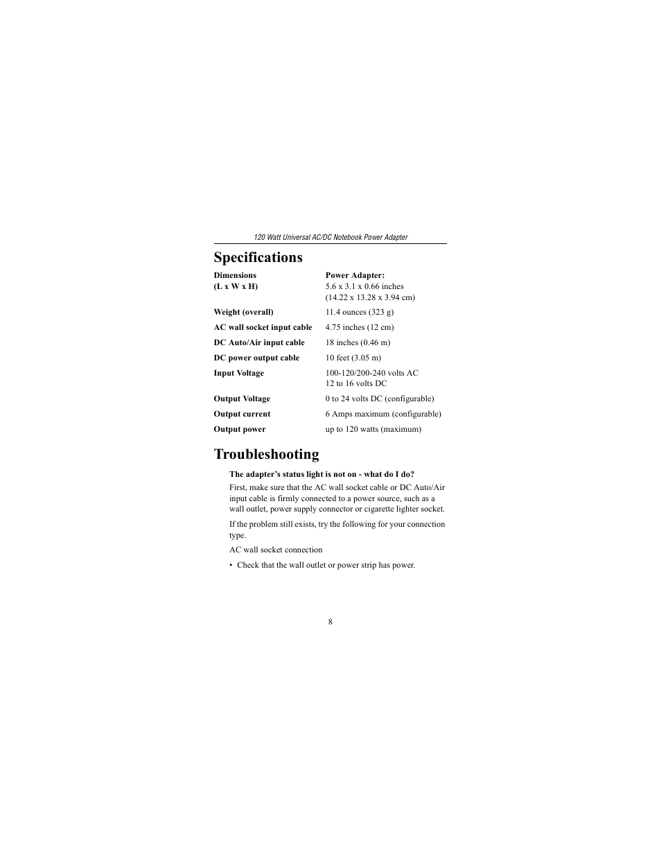 Specifications, Troubleshooting | Targus 120 Watt Universal AC/DC Notebook Power Adapter User Manual | Page 8 / 11