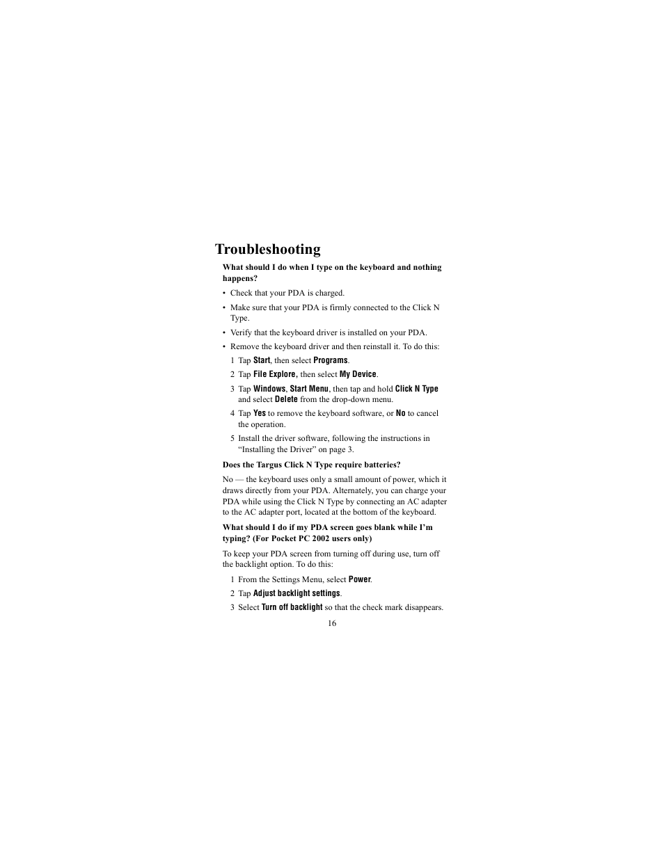 Troubleshooting | Targus iPAQ 3800 User Manual | Page 16 / 19