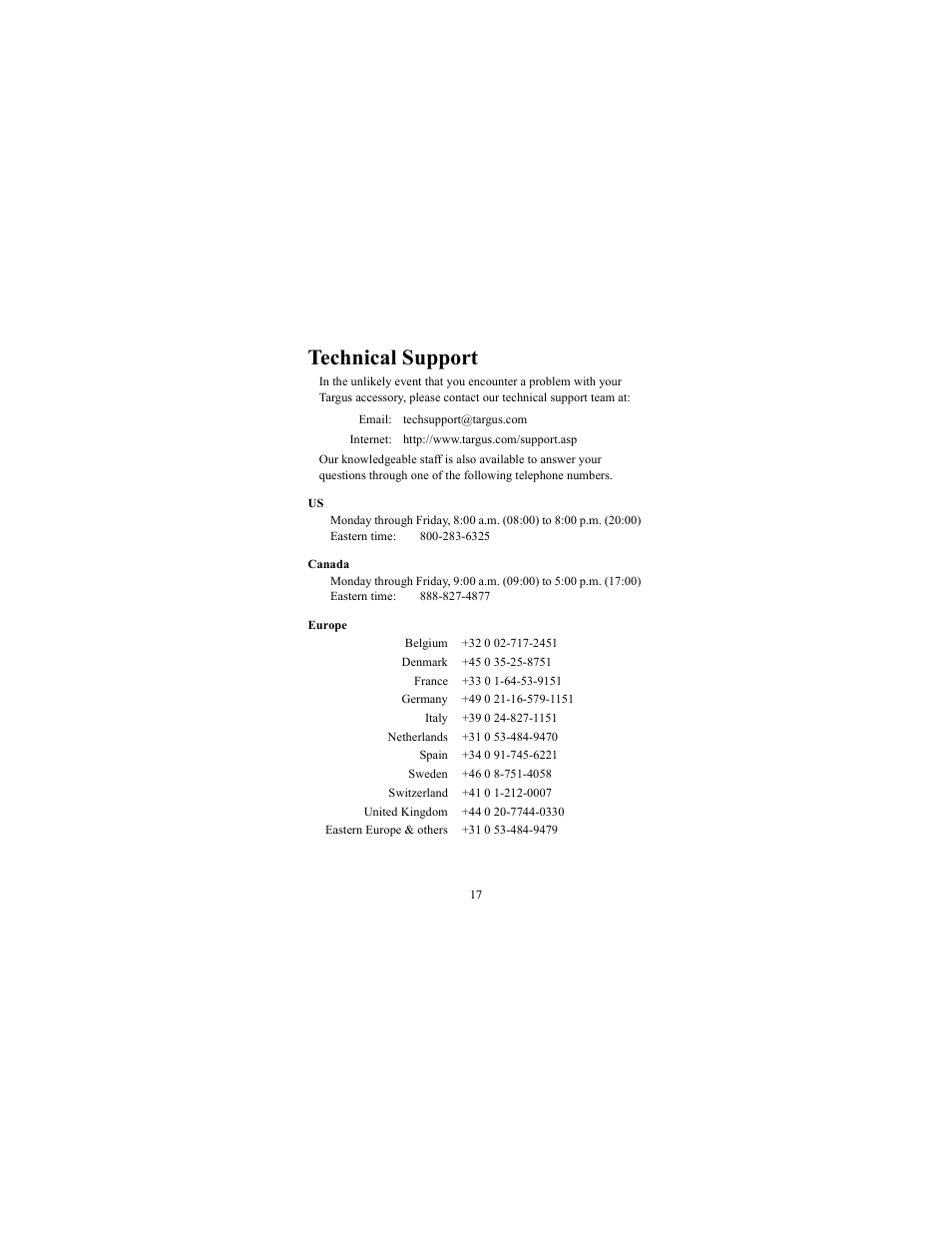 Technical support | Targus iPAQ 3800 User Manual | Page 17 / 19