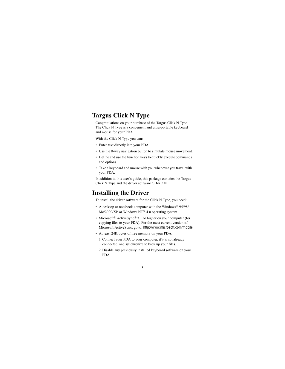 Targus click n type, Installing the driver | Targus iPAQ 3800 User Manual | Page 3 / 19