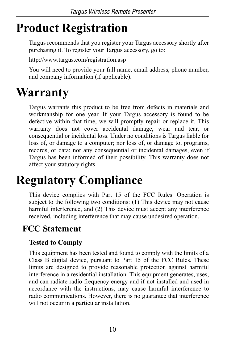 Product registration, Warranty, Regulatory compliance | Targus Wireless Remote Presenter PAUM30U / 400-0110-001C User Manual | Page 10 / 11