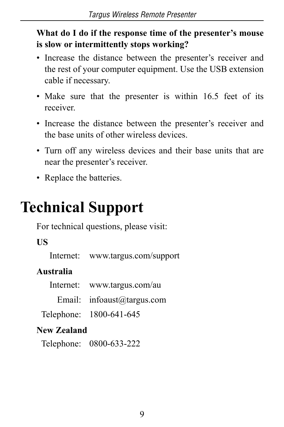 Technical support | Targus Wireless Remote Presenter PAUM30U / 400-0110-001C User Manual | Page 9 / 11
