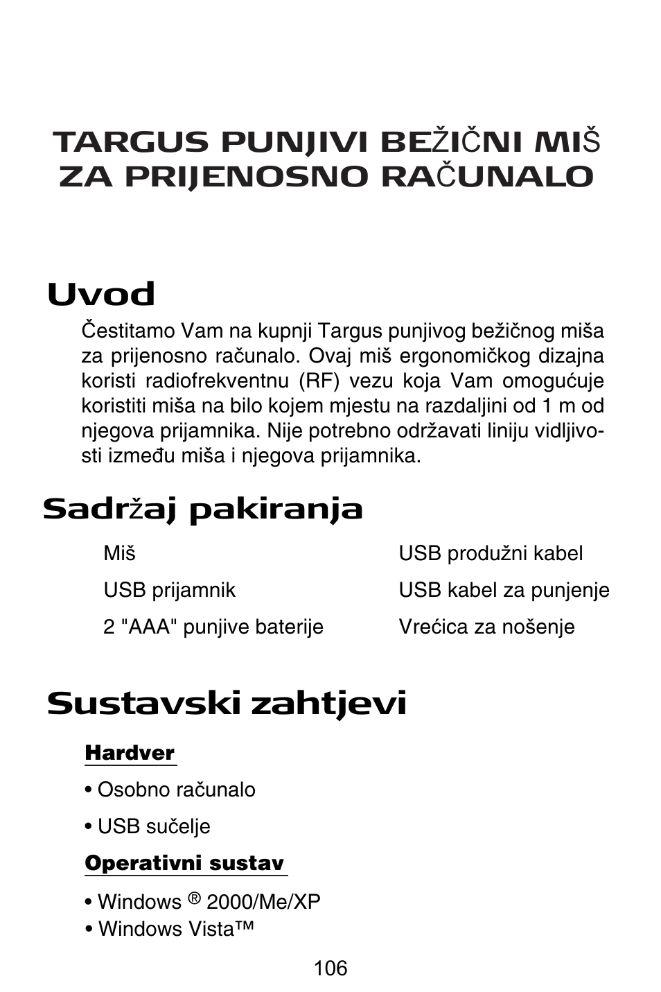 Hr – hrvatski, Uvod, Sustavski zahtjevi | Sadr å aj pakiranja | Targus Rechargeable Wireless Notebook Mouse User Manual | Page 106 / 259