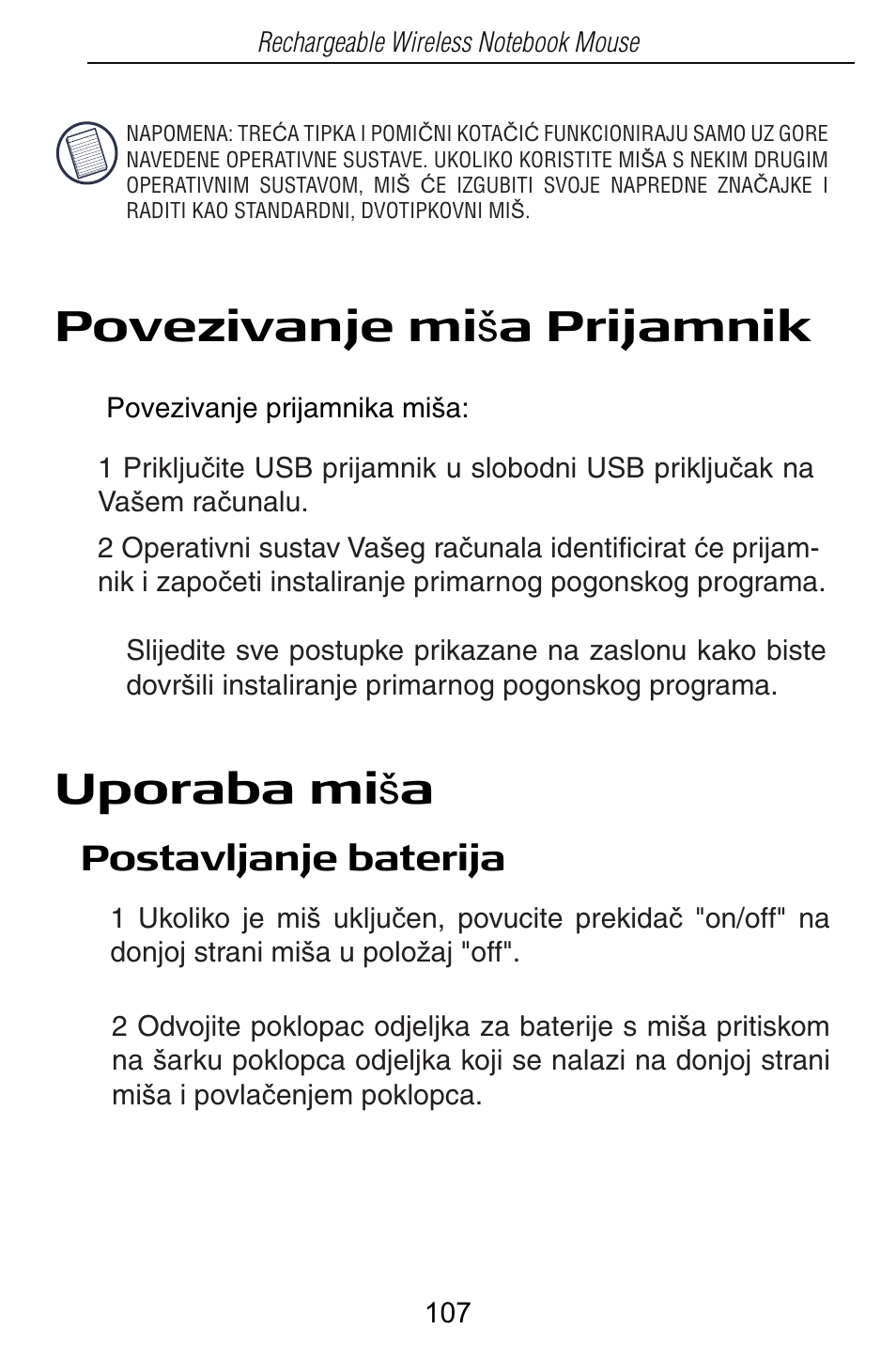 Povezivanje mi š a prijamnik, Uporaba mi š a, Postavljanje baterija | Targus Rechargeable Wireless Notebook Mouse User Manual | Page 107 / 259