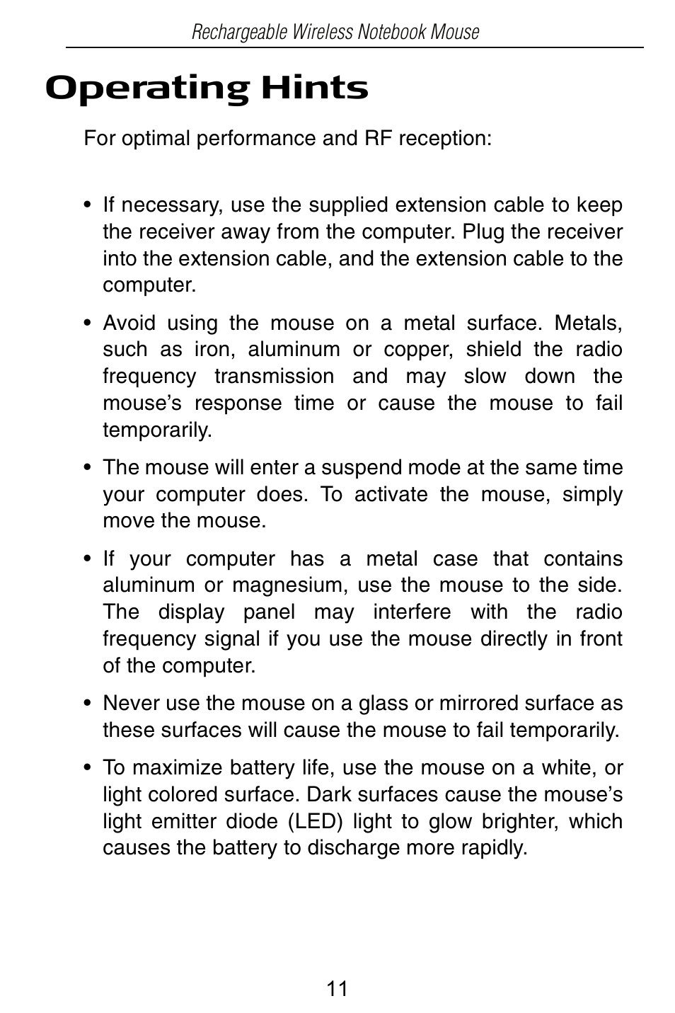Operating hints | Targus Rechargeable Wireless Notebook Mouse User Manual | Page 11 / 259