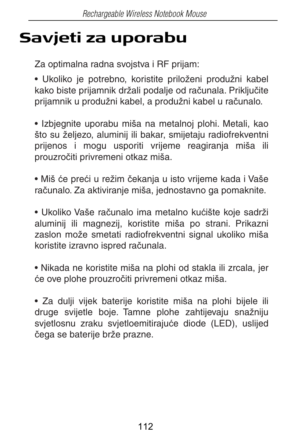Savjeti za uporabu | Targus Rechargeable Wireless Notebook Mouse User Manual | Page 112 / 259