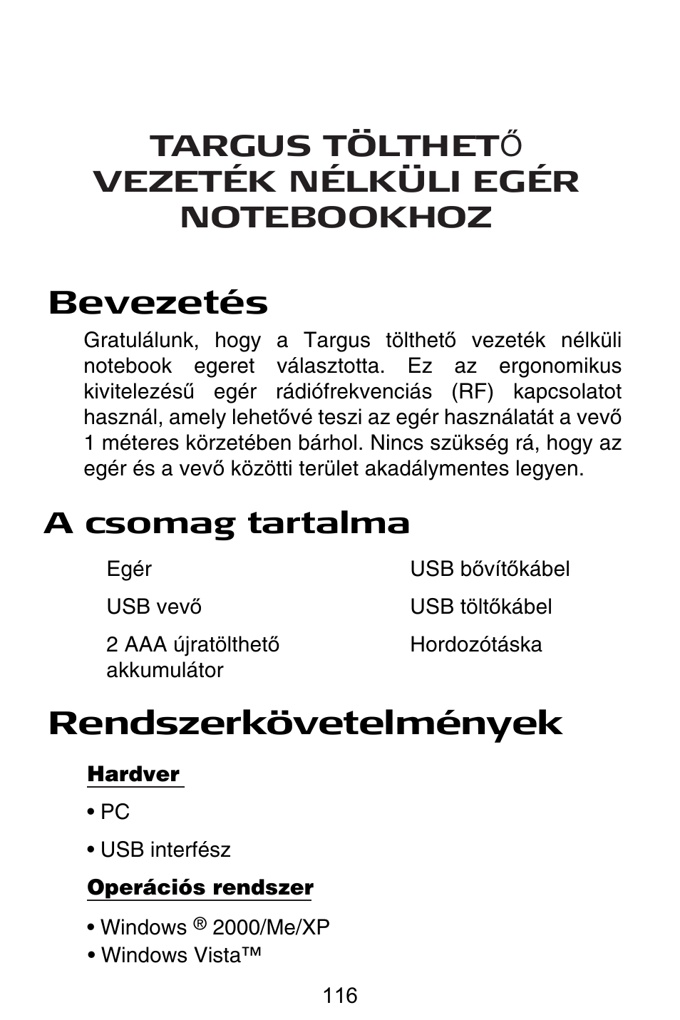 Hu – magyar, Bevezetés, Rendszerkövetelmények | A csomag tartalma | Targus Rechargeable Wireless Notebook Mouse User Manual | Page 116 / 259
