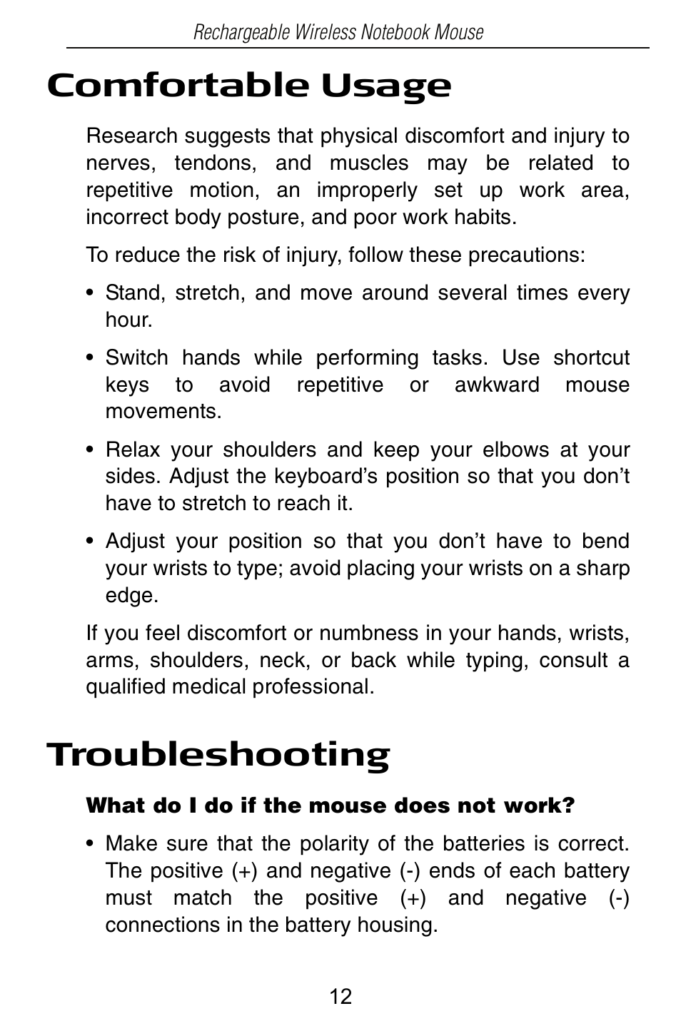 Comfortable usage, Troubleshooting | Targus Rechargeable Wireless Notebook Mouse User Manual | Page 12 / 259