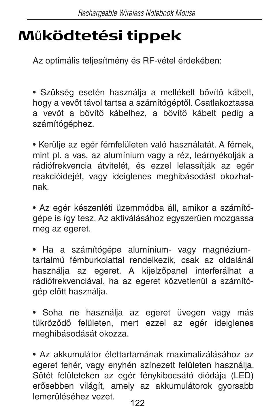 M ħ ködtetési tippek | Targus Rechargeable Wireless Notebook Mouse User Manual | Page 122 / 259