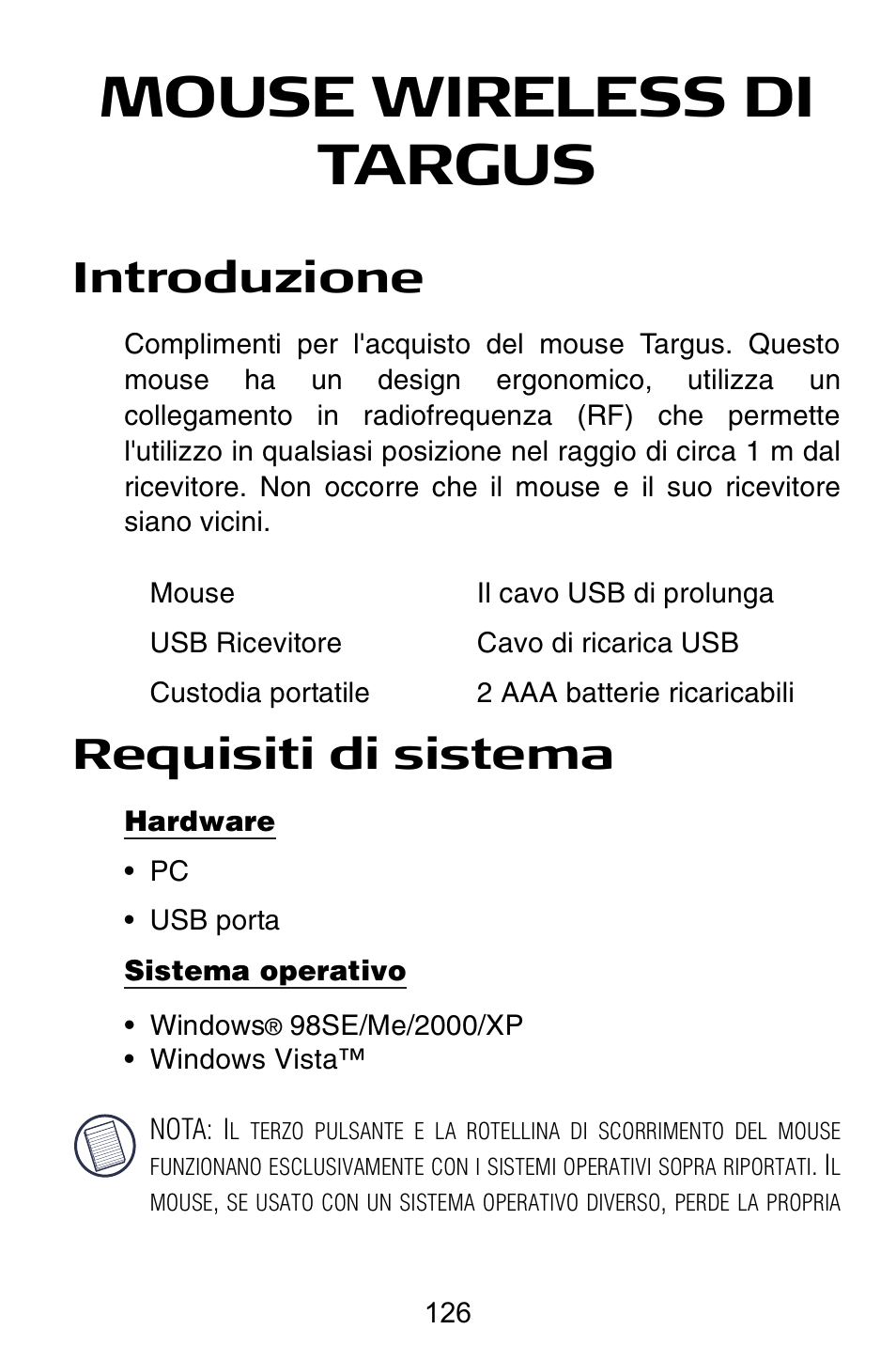 It – italiano, Mouse wireless di targus, Introduzione | Requisiti di sistema | Targus Rechargeable Wireless Notebook Mouse User Manual | Page 126 / 259