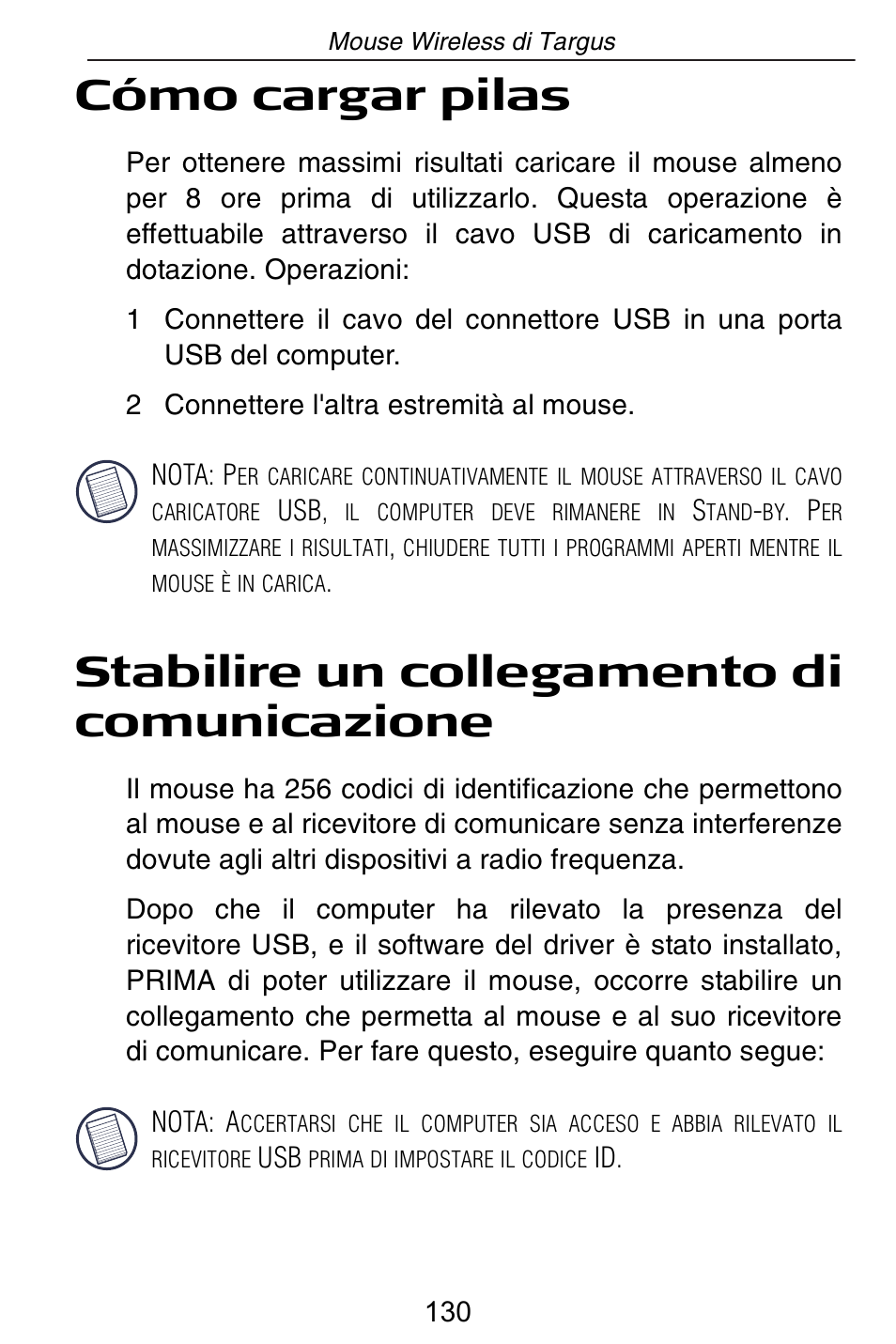 Cómo cargar pilas, Stabilire un collegamento di comunicazione | Targus Rechargeable Wireless Notebook Mouse User Manual | Page 130 / 259