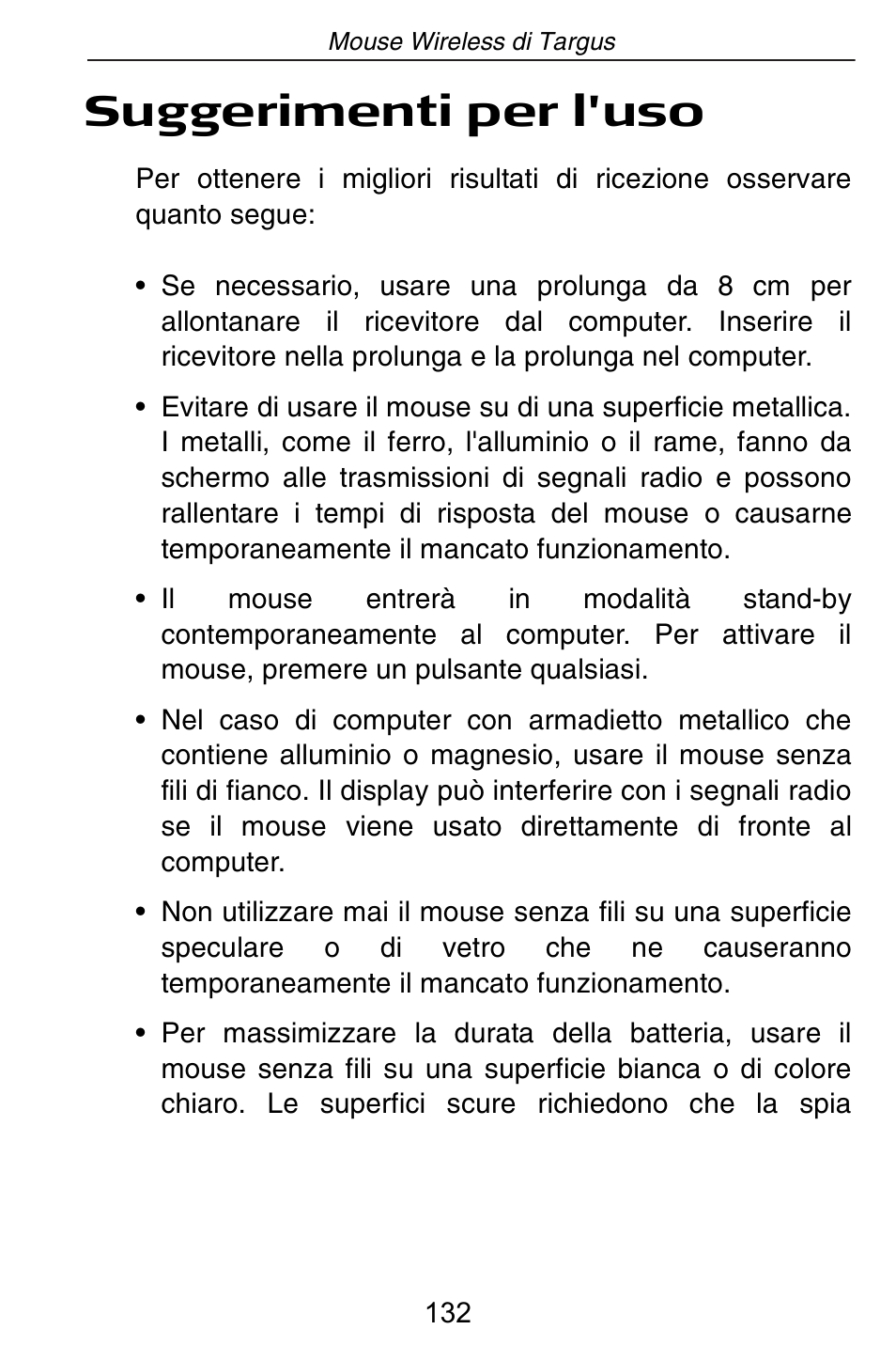 Suggerimenti per l'uso | Targus Rechargeable Wireless Notebook Mouse User Manual | Page 132 / 259