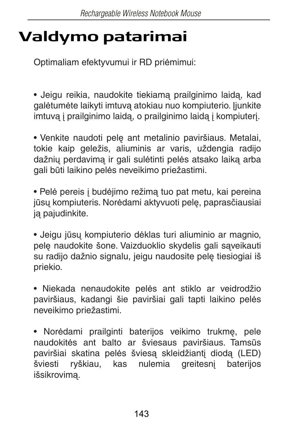 Valdymo patarimai | Targus Rechargeable Wireless Notebook Mouse User Manual | Page 143 / 259