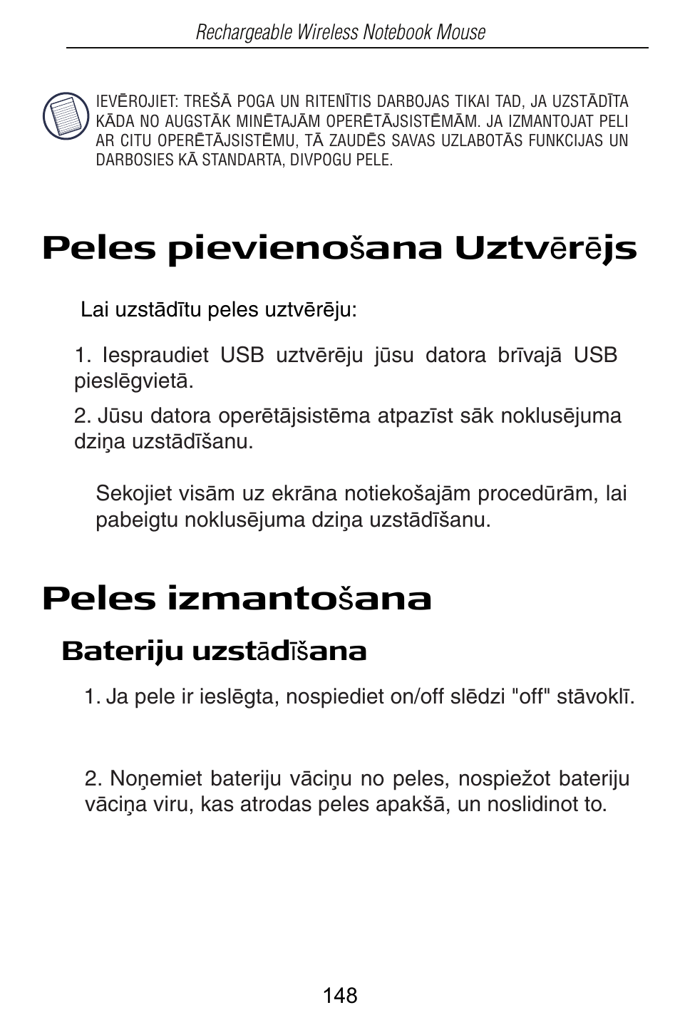 Peles izmanto š ana, Bateriju uzst ɨ d ưã ana | Targus Rechargeable Wireless Notebook Mouse User Manual | Page 148 / 259