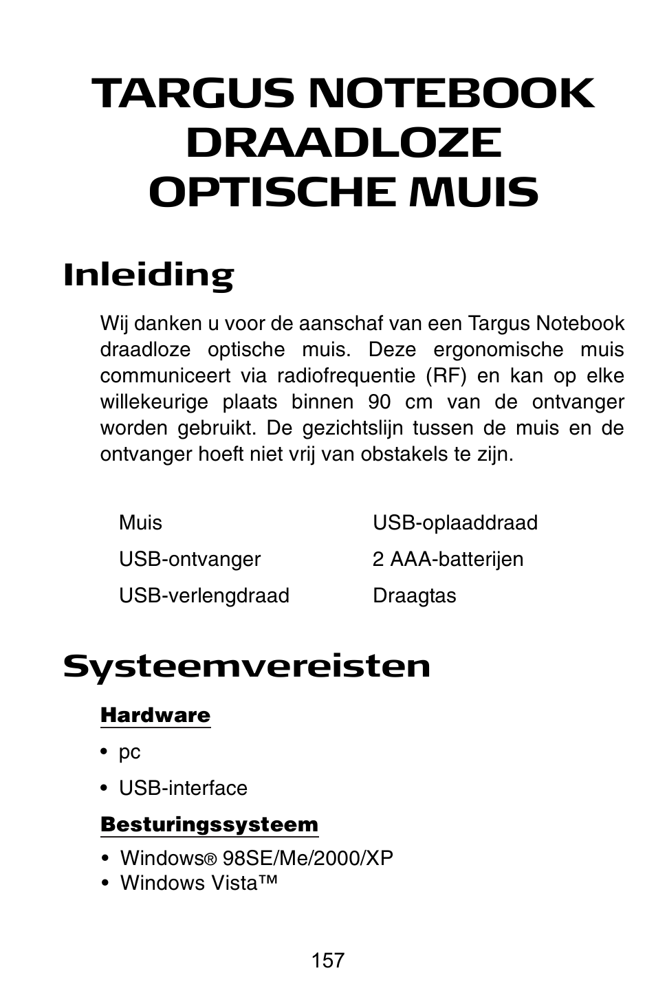 Nl – nederlands, Inleiding, Systeemvereisten | Targus Rechargeable Wireless Notebook Mouse User Manual | Page 157 / 259