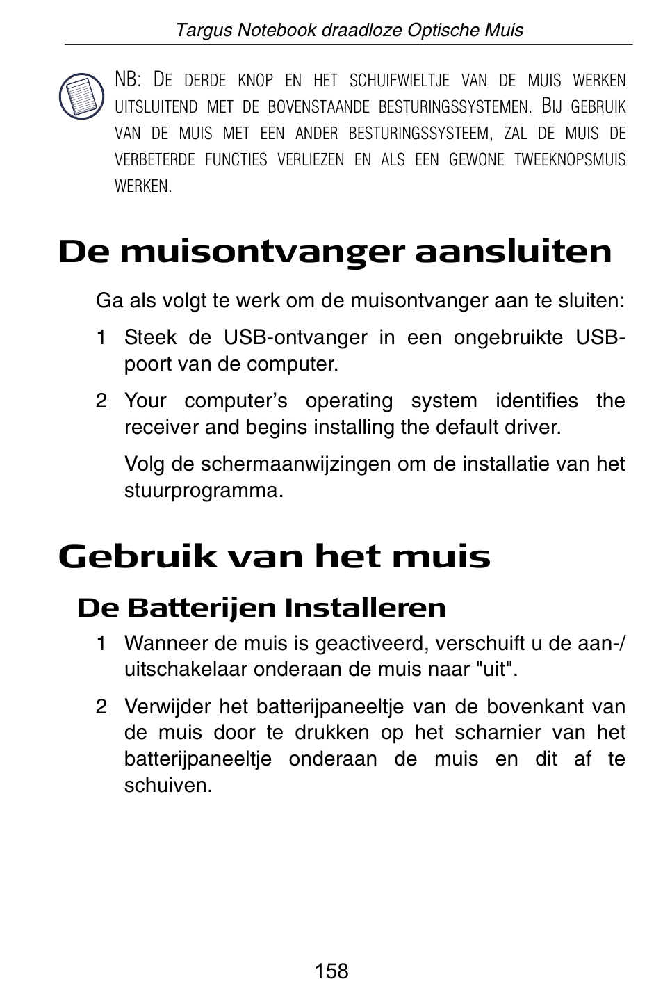 De muisontvanger aansluiten, Gebruik van het muis, De batterijen installeren | Targus Rechargeable Wireless Notebook Mouse User Manual | Page 158 / 259