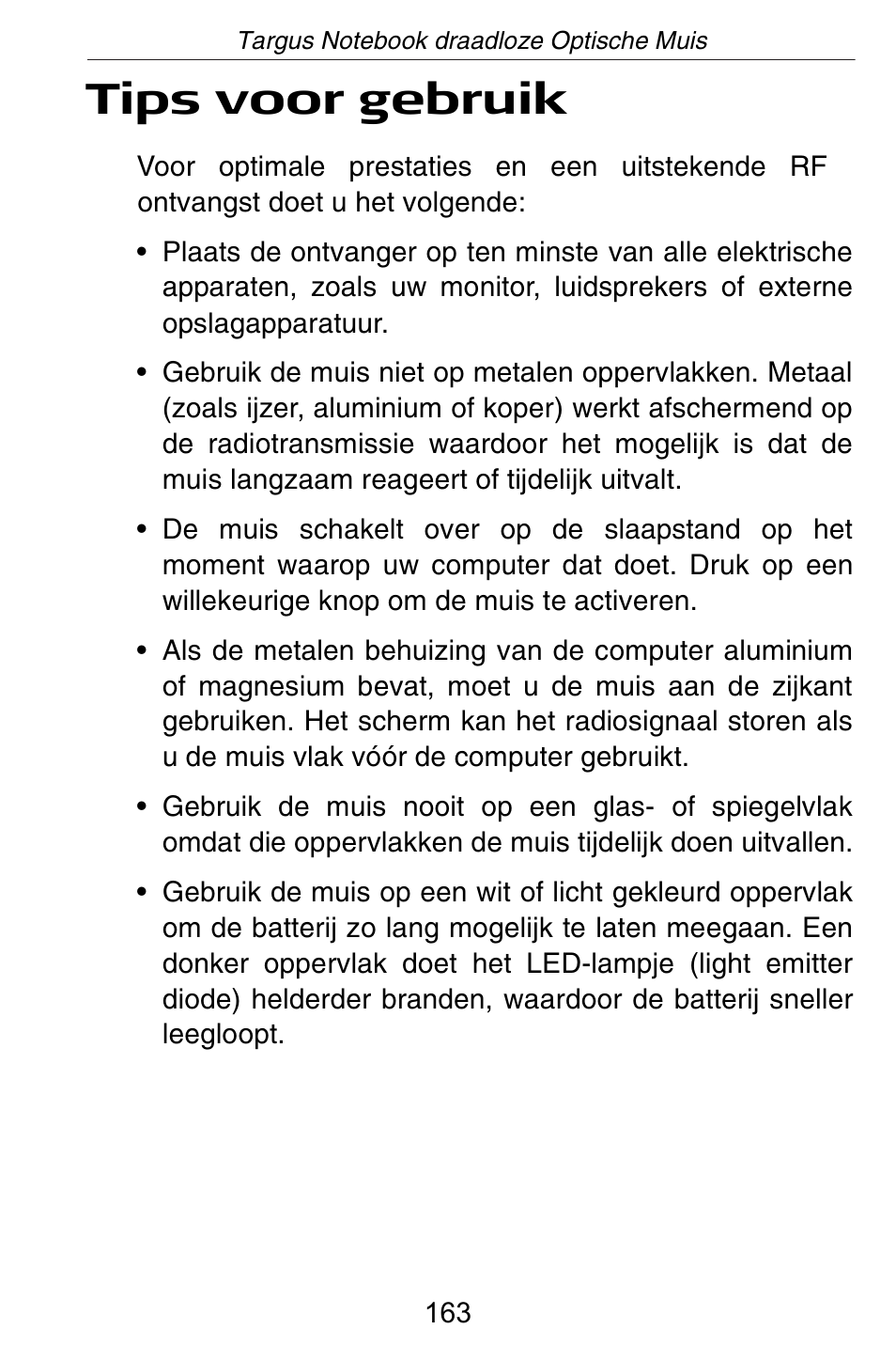 Tips voor gebruik | Targus Rechargeable Wireless Notebook Mouse User Manual | Page 163 / 259