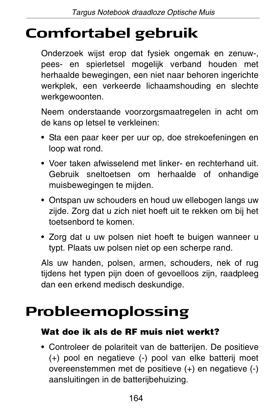 Comfortabel gebruik, Probleemoplossing | Targus Rechargeable Wireless Notebook Mouse User Manual | Page 164 / 259