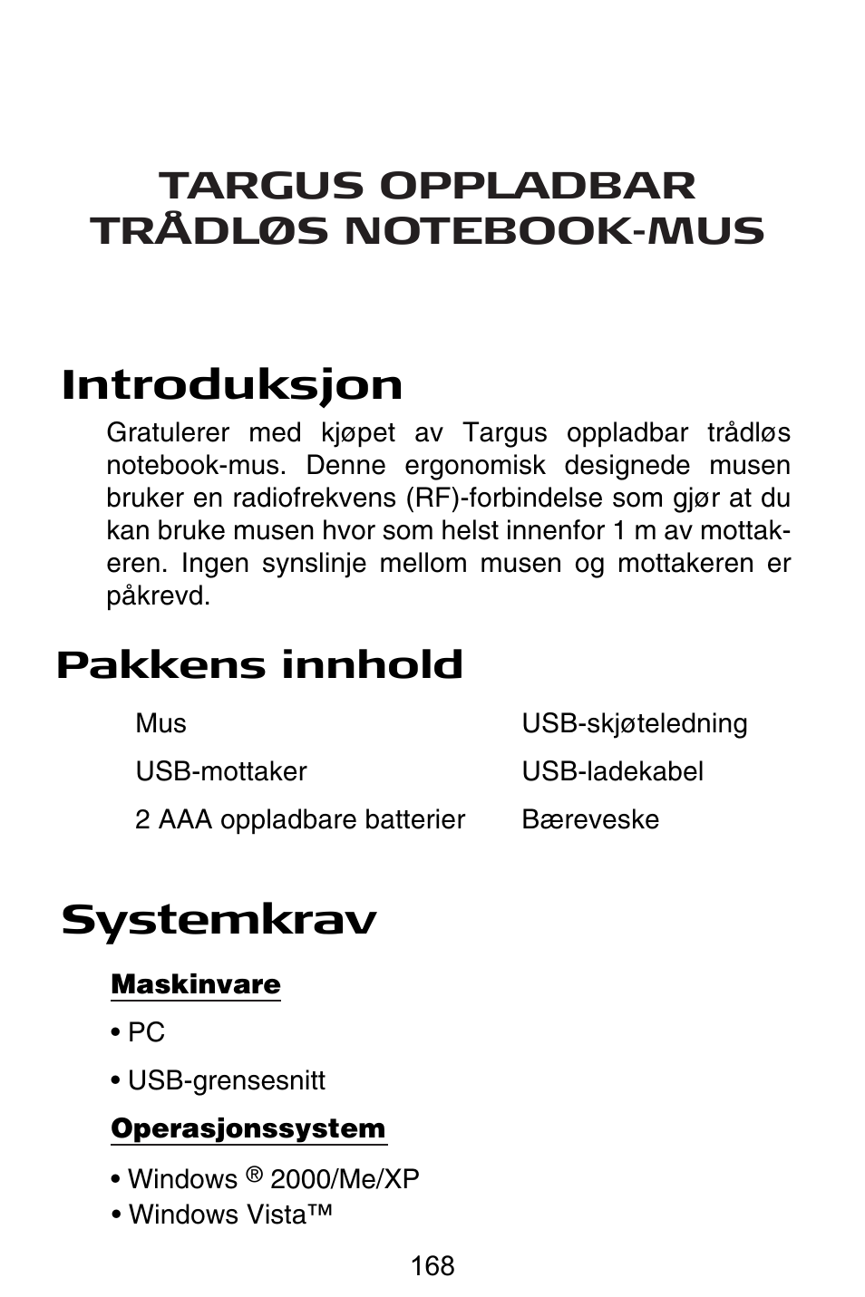 No – norsk, Introduksjon, Systemkrav | Pakkens innhold | Targus Rechargeable Wireless Notebook Mouse User Manual | Page 168 / 259