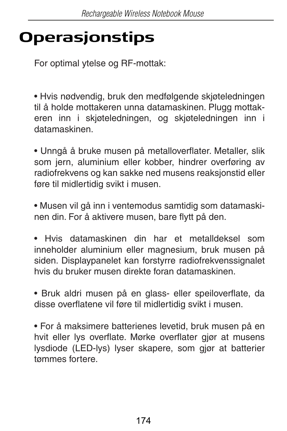 Operasjonstips | Targus Rechargeable Wireless Notebook Mouse User Manual | Page 174 / 259