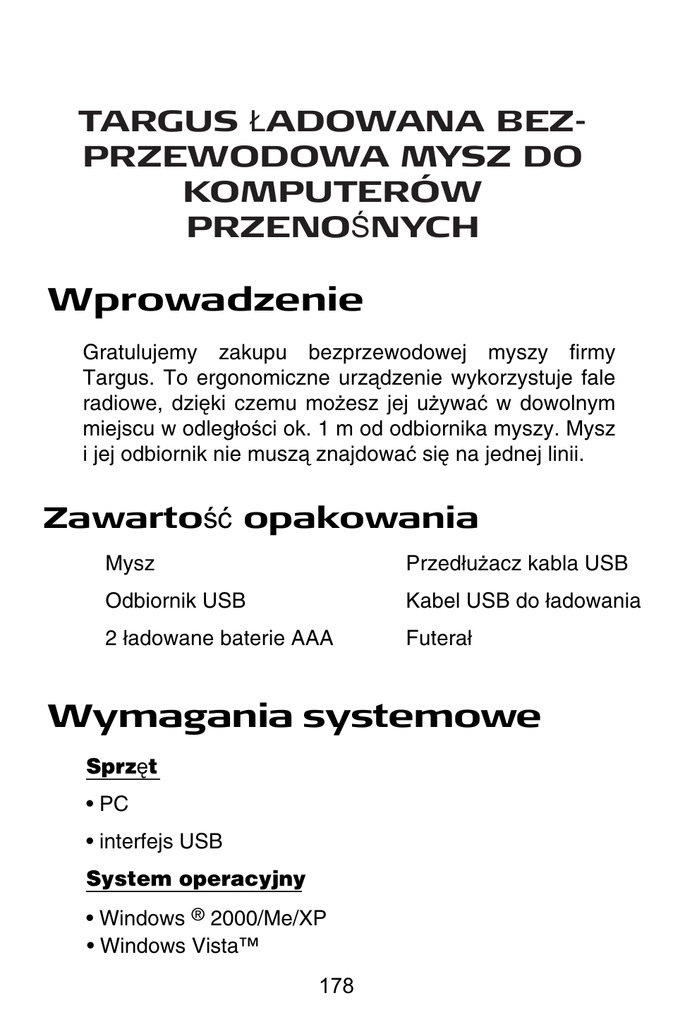 Pl – polski, Wprowadzenie, Wymagania systemowe | Zawarto ğü opakowania | Targus Rechargeable Wireless Notebook Mouse User Manual | Page 178 / 259