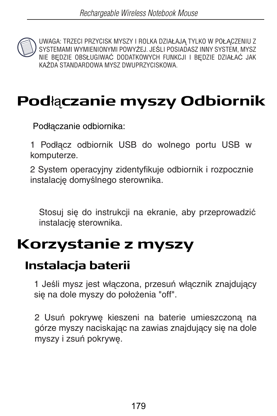 Pod áą czanie myszy odbiornik, Korzystanie z myszy, Instalacja baterii | Targus Rechargeable Wireless Notebook Mouse User Manual | Page 179 / 259