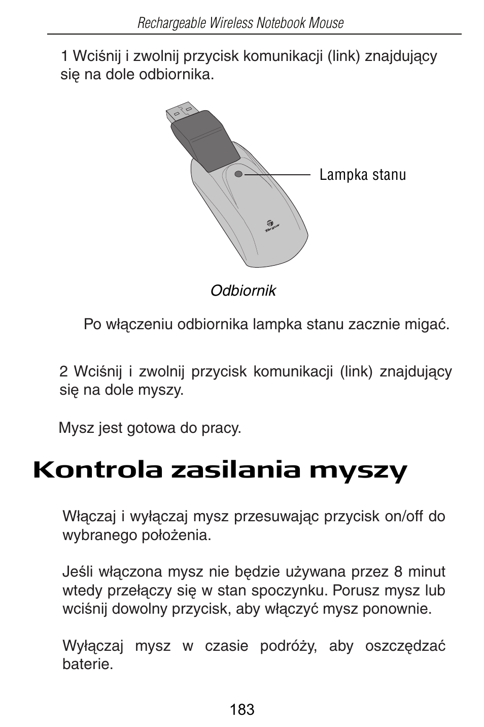 Kontrola zasilania myszy | Targus Rechargeable Wireless Notebook Mouse User Manual | Page 183 / 259