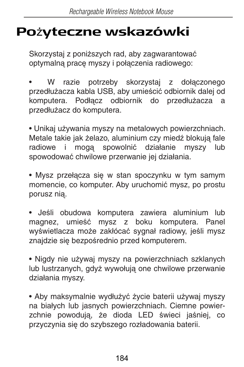 Po ī yteczne wskazówki | Targus Rechargeable Wireless Notebook Mouse User Manual | Page 184 / 259