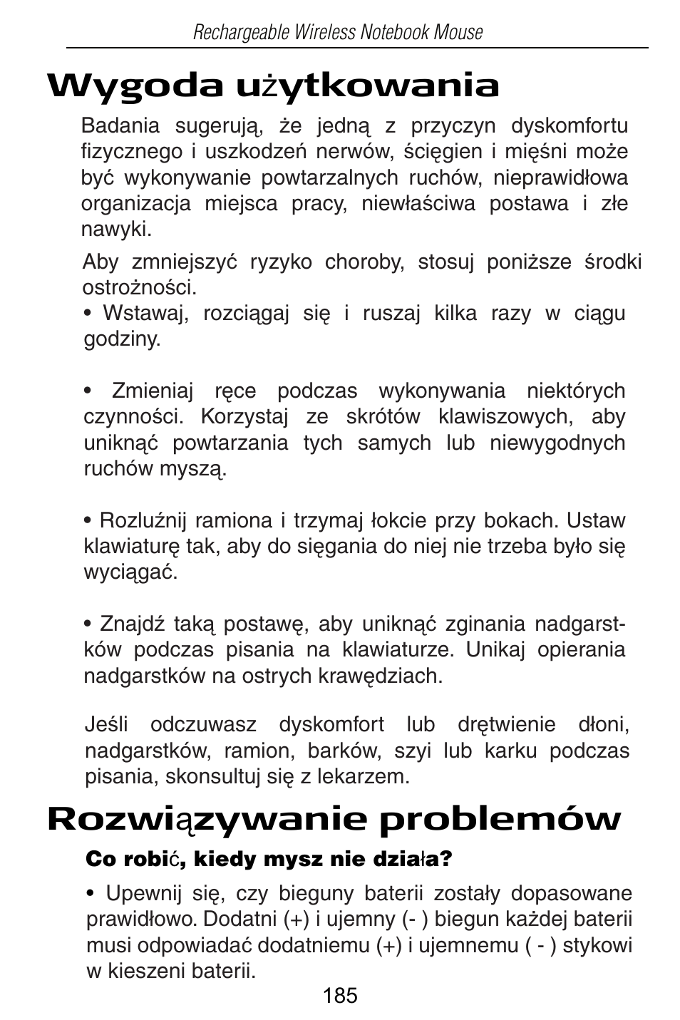 Wygoda u ī ytkowania rozwi ą zywanie problemów | Targus Rechargeable Wireless Notebook Mouse User Manual | Page 185 / 259