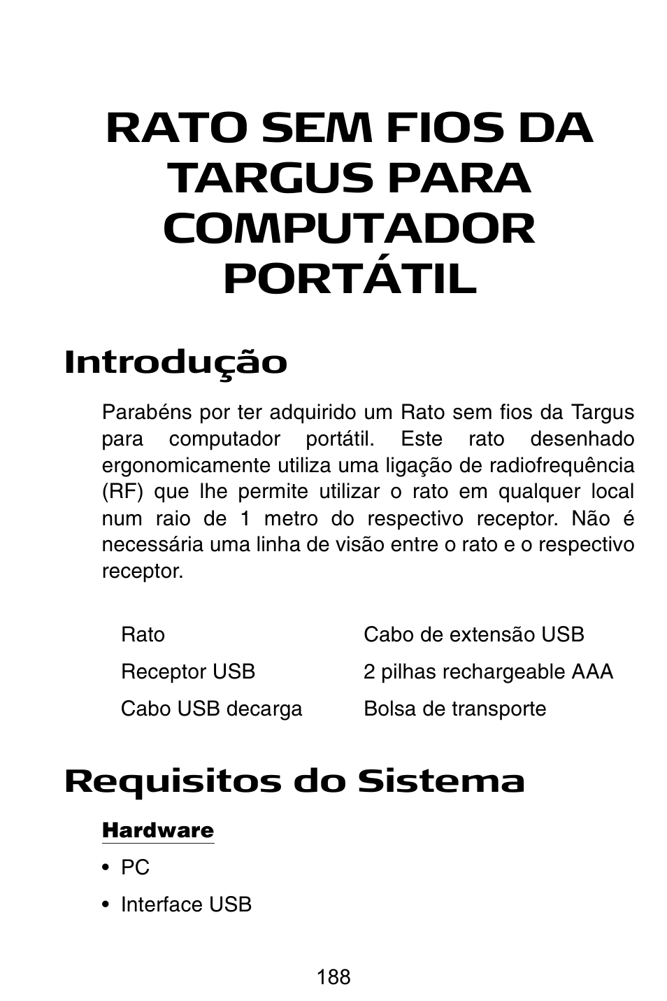 Pt – português, Rato sem fios da targus para computador portátil, Introdução | Requisitos do sistema | Targus Rechargeable Wireless Notebook Mouse User Manual | Page 188 / 259