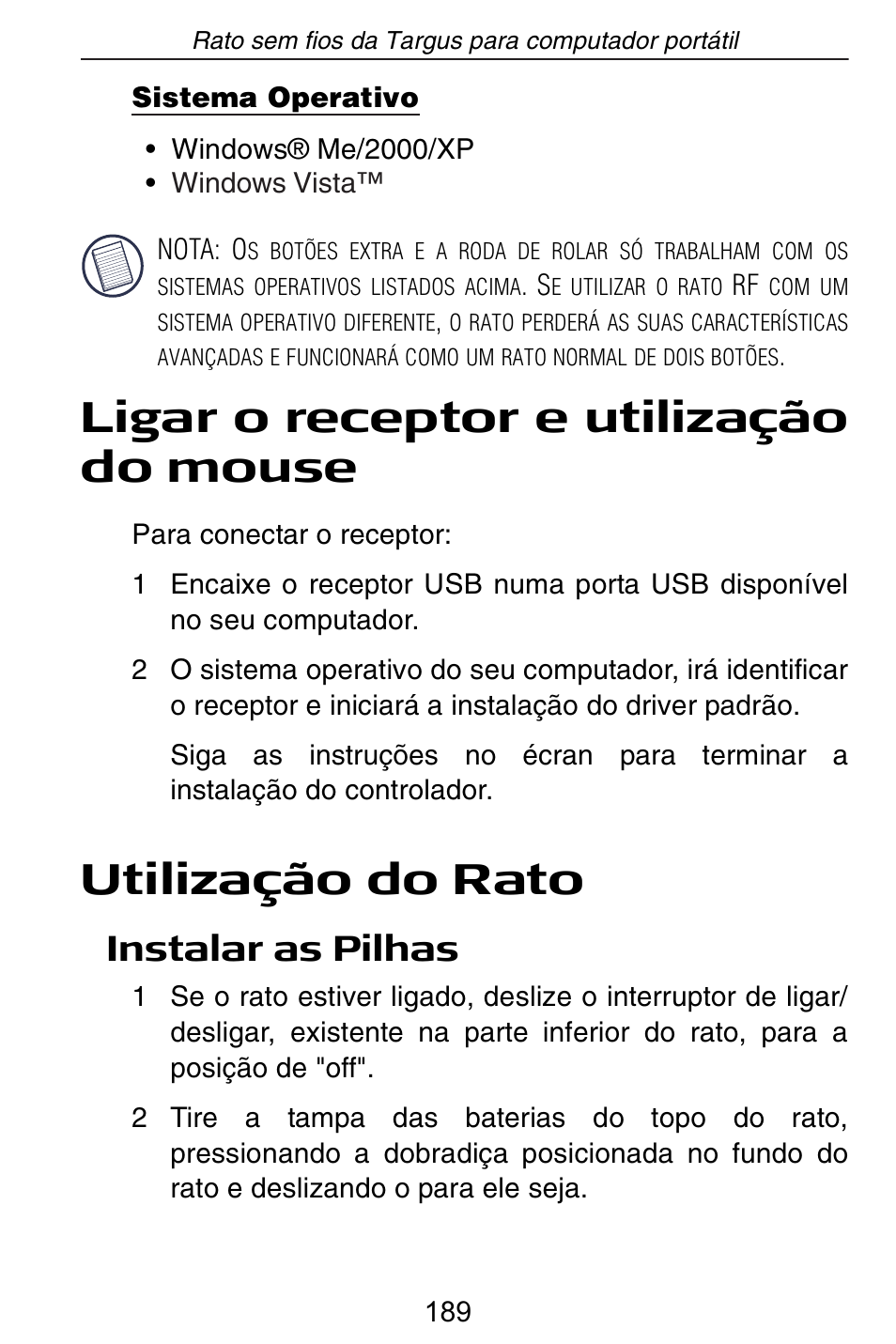 Ligar o receptor e utilização do mouse, Utilização do rato, Instalar as pilhas | Targus Rechargeable Wireless Notebook Mouse User Manual | Page 189 / 259