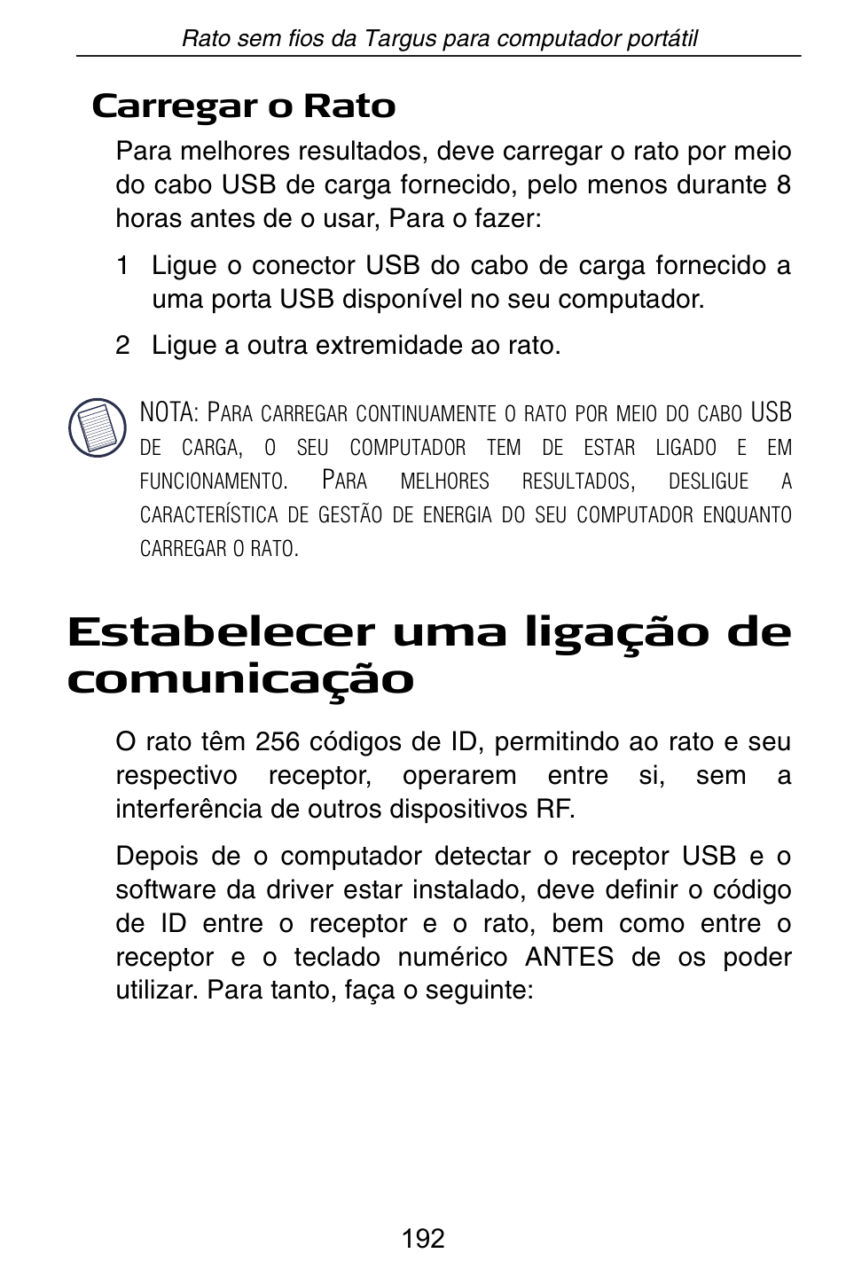 Estabelecer uma ligação de comunicação, Carregar o rato | Targus Rechargeable Wireless Notebook Mouse User Manual | Page 192 / 259