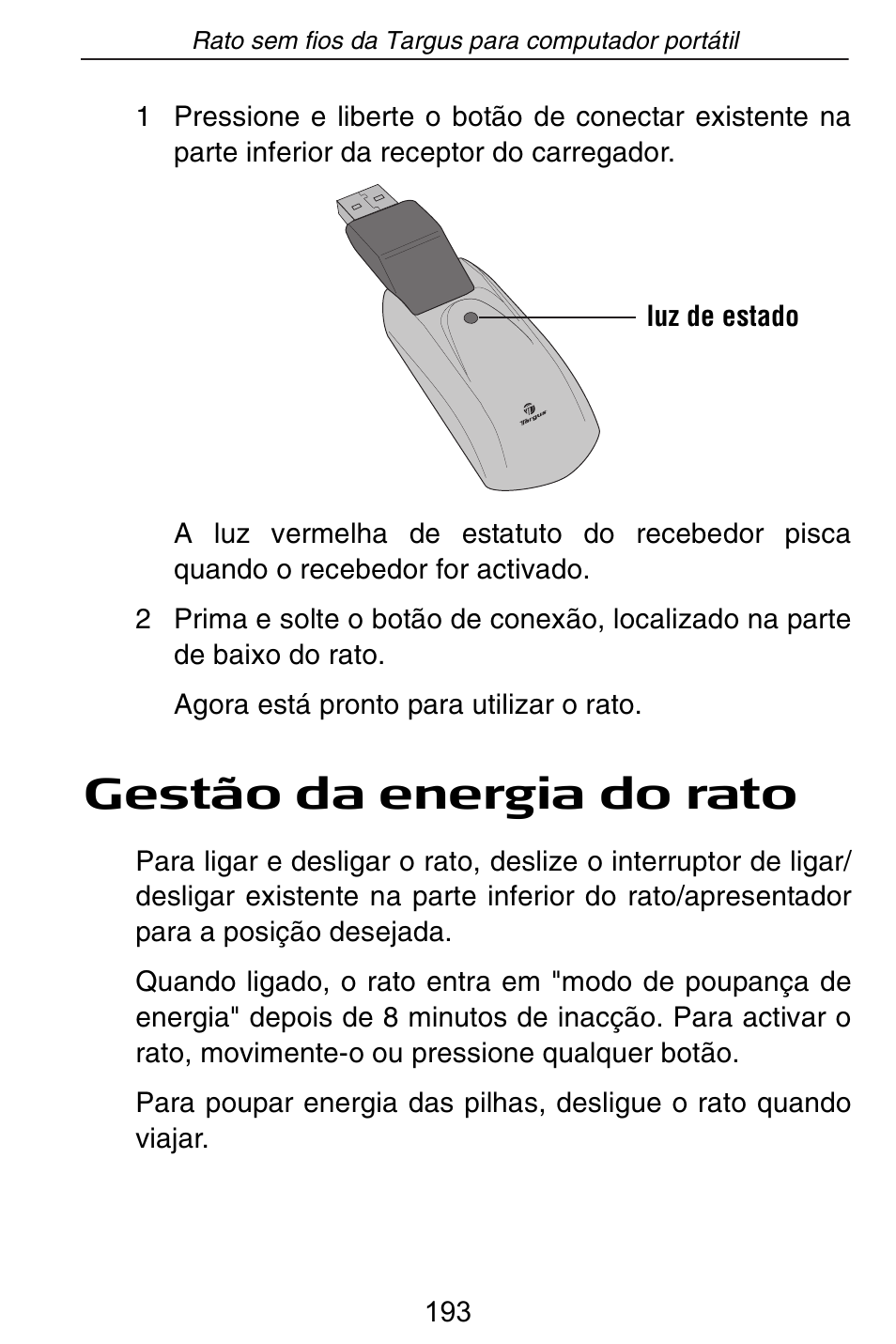 Gestão da energia do rato | Targus Rechargeable Wireless Notebook Mouse User Manual | Page 193 / 259
