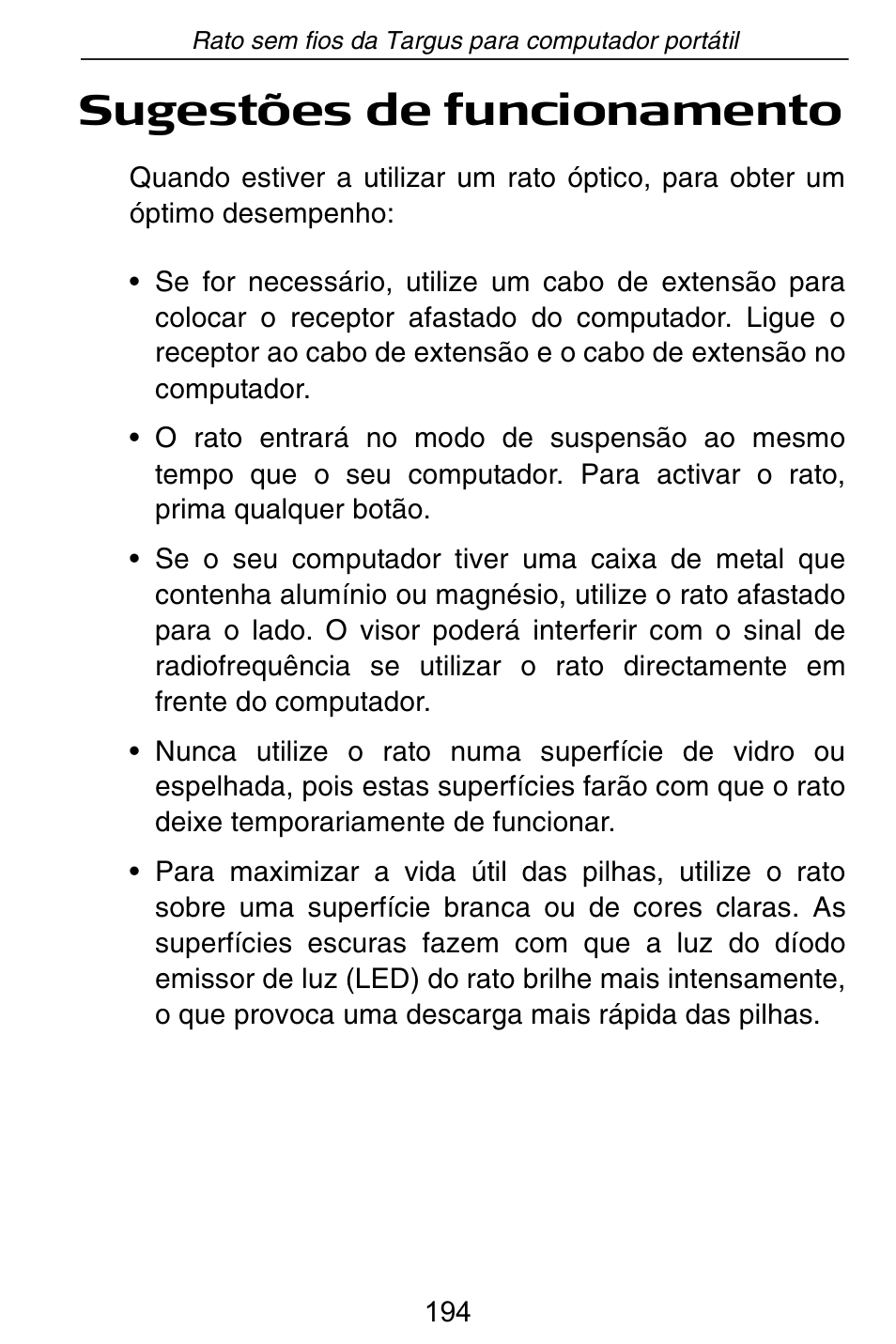 Sugestões de funcionamento | Targus Rechargeable Wireless Notebook Mouse User Manual | Page 194 / 259