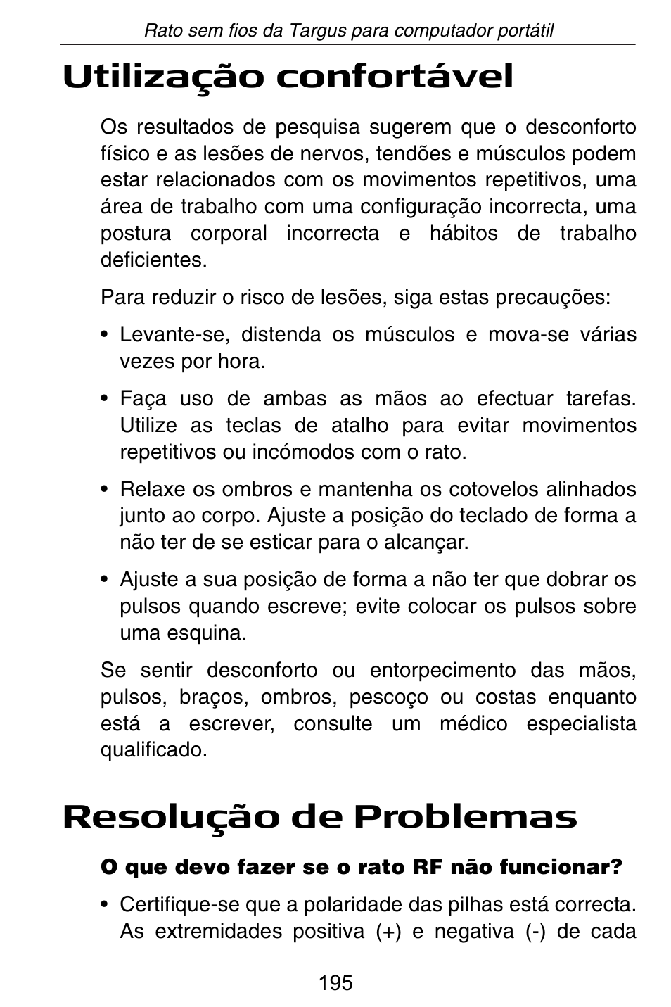 Utilização confortável, Resolução de problemas | Targus Rechargeable Wireless Notebook Mouse User Manual | Page 195 / 259