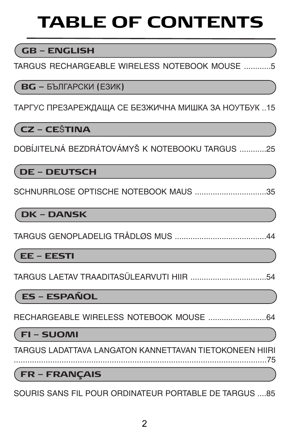 Targus Rechargeable Wireless Notebook Mouse User Manual | Page 2 / 259