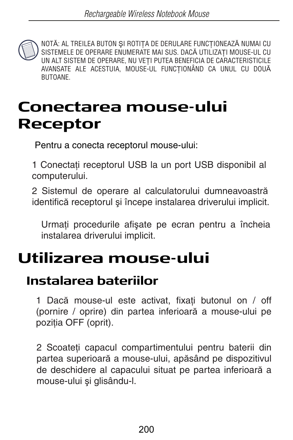 Conectarea mouse-ului receptor, Utilizarea mouse-ului, Instalarea bateriilor | Targus Rechargeable Wireless Notebook Mouse User Manual | Page 200 / 259