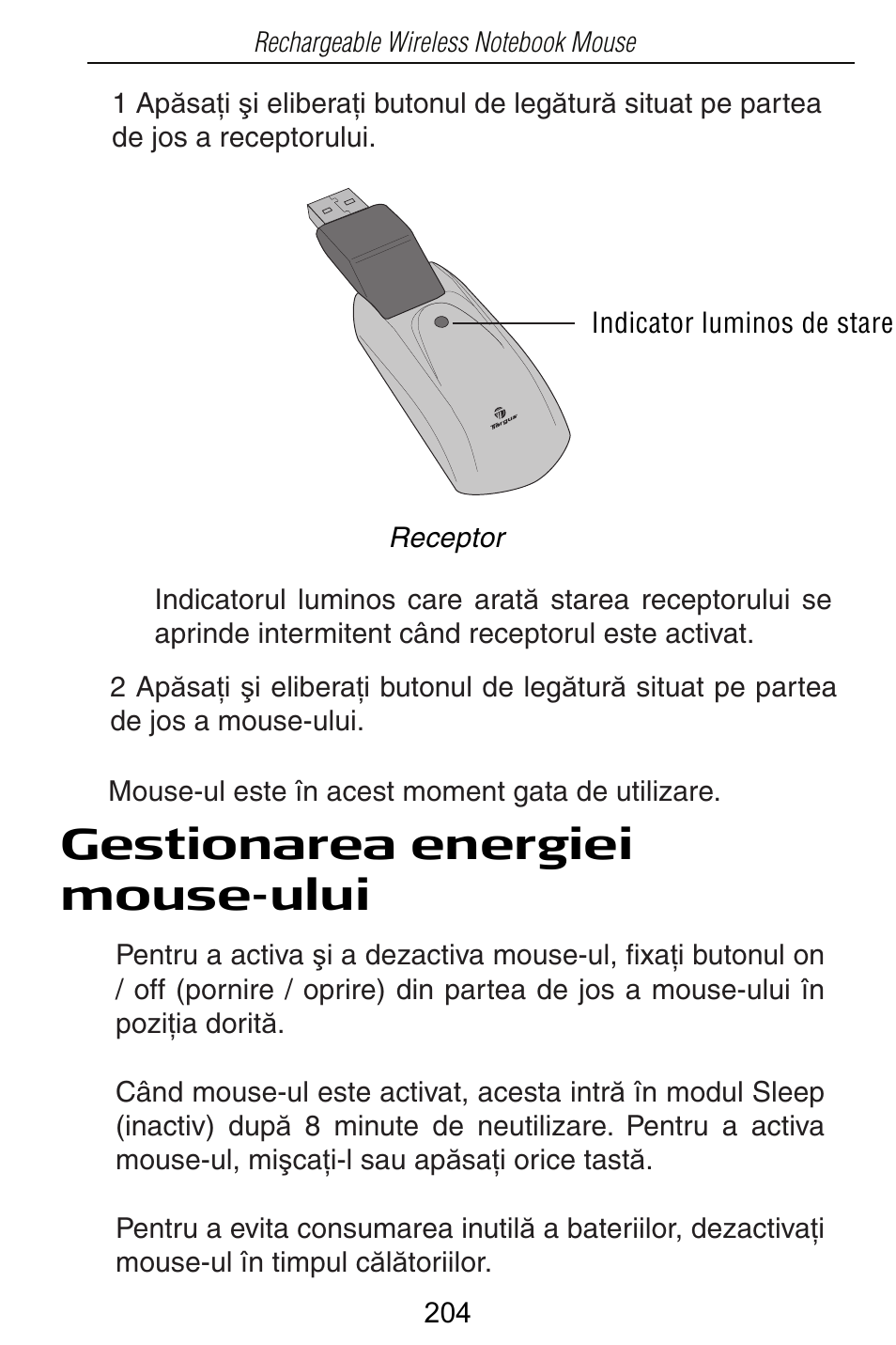 Gestionarea energiei mouse-ului | Targus Rechargeable Wireless Notebook Mouse User Manual | Page 204 / 259