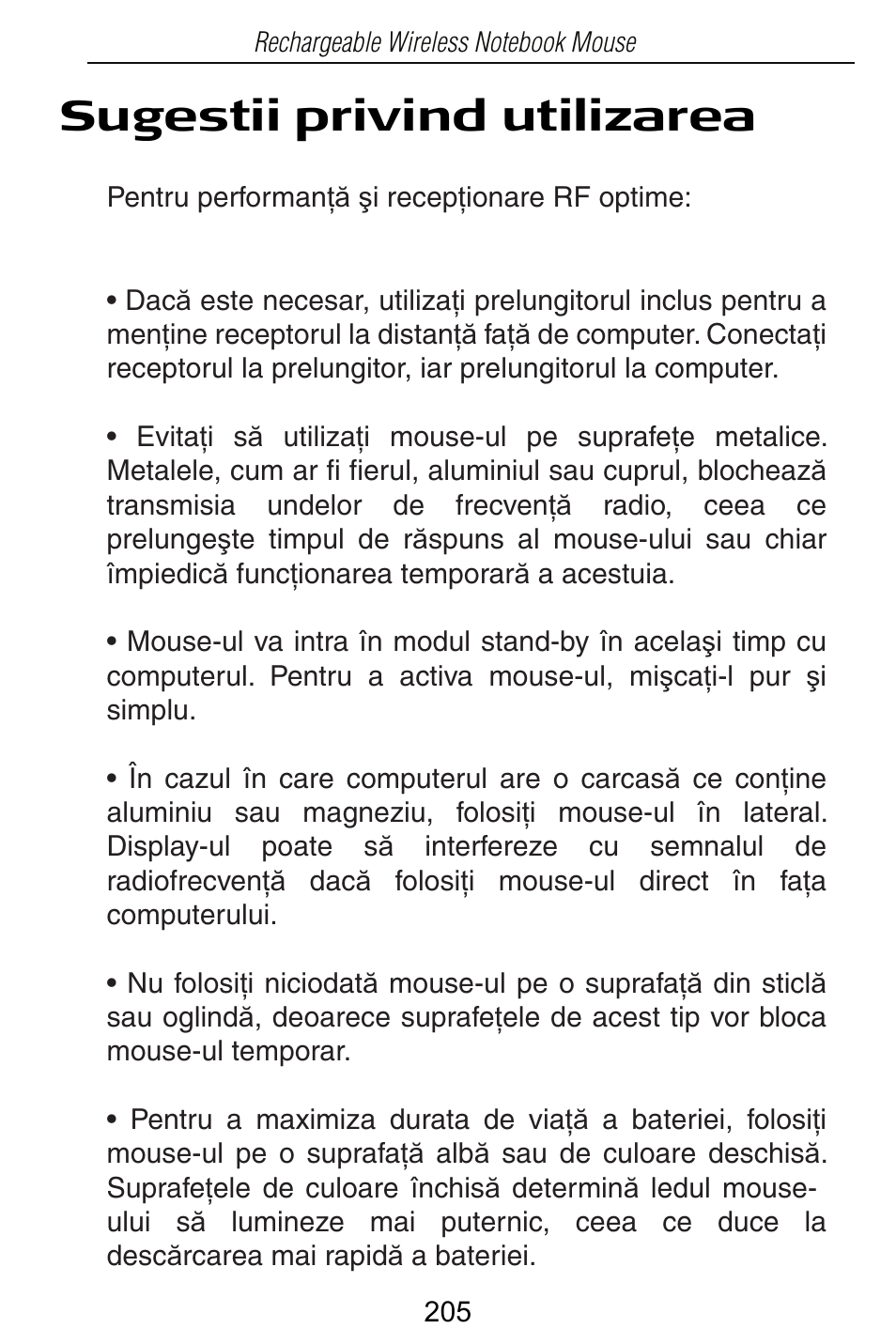 Sugestii privind utilizarea | Targus Rechargeable Wireless Notebook Mouse User Manual | Page 205 / 259