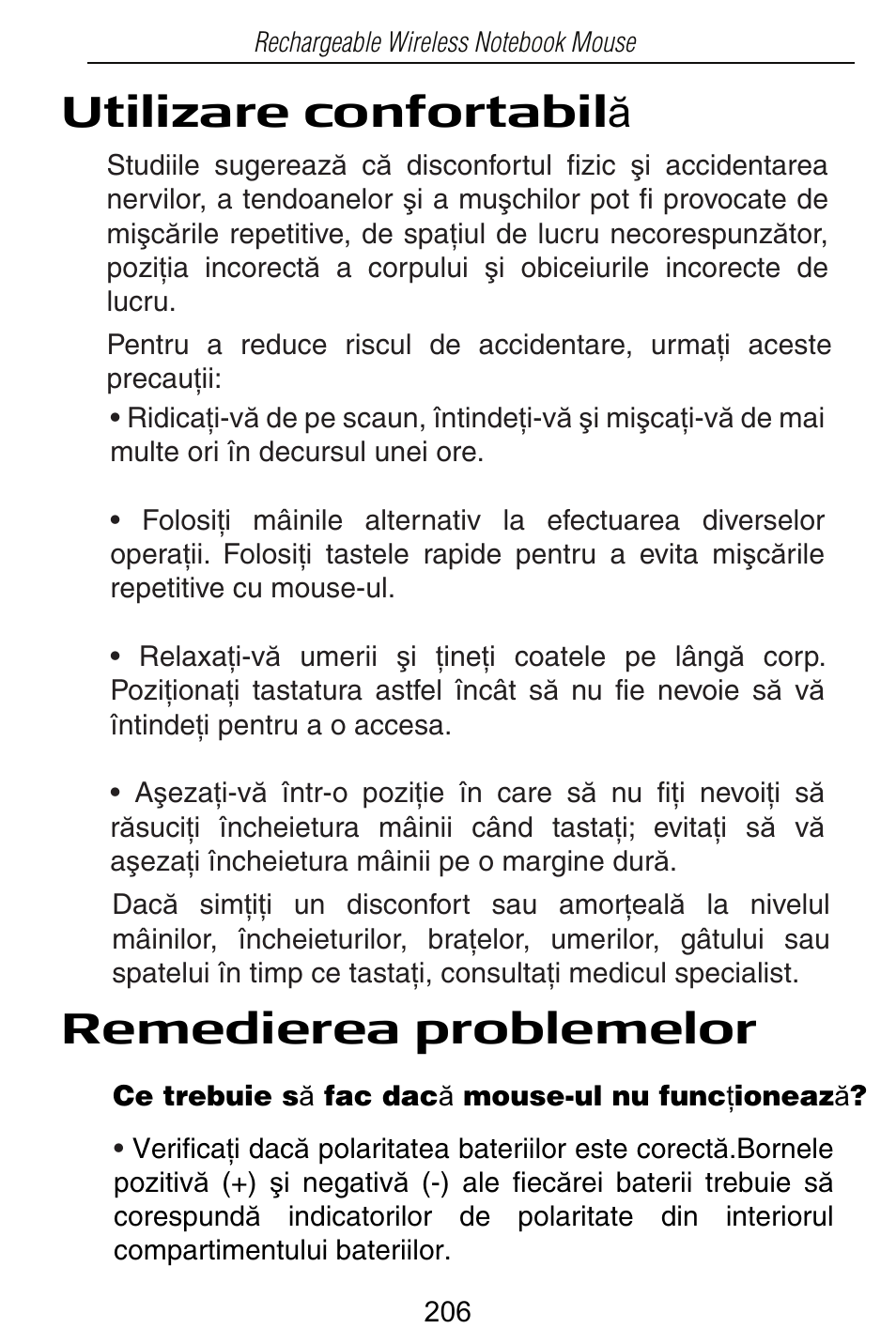 Utilizare confortabil ă remedierea problemelor | Targus Rechargeable Wireless Notebook Mouse User Manual | Page 206 / 259