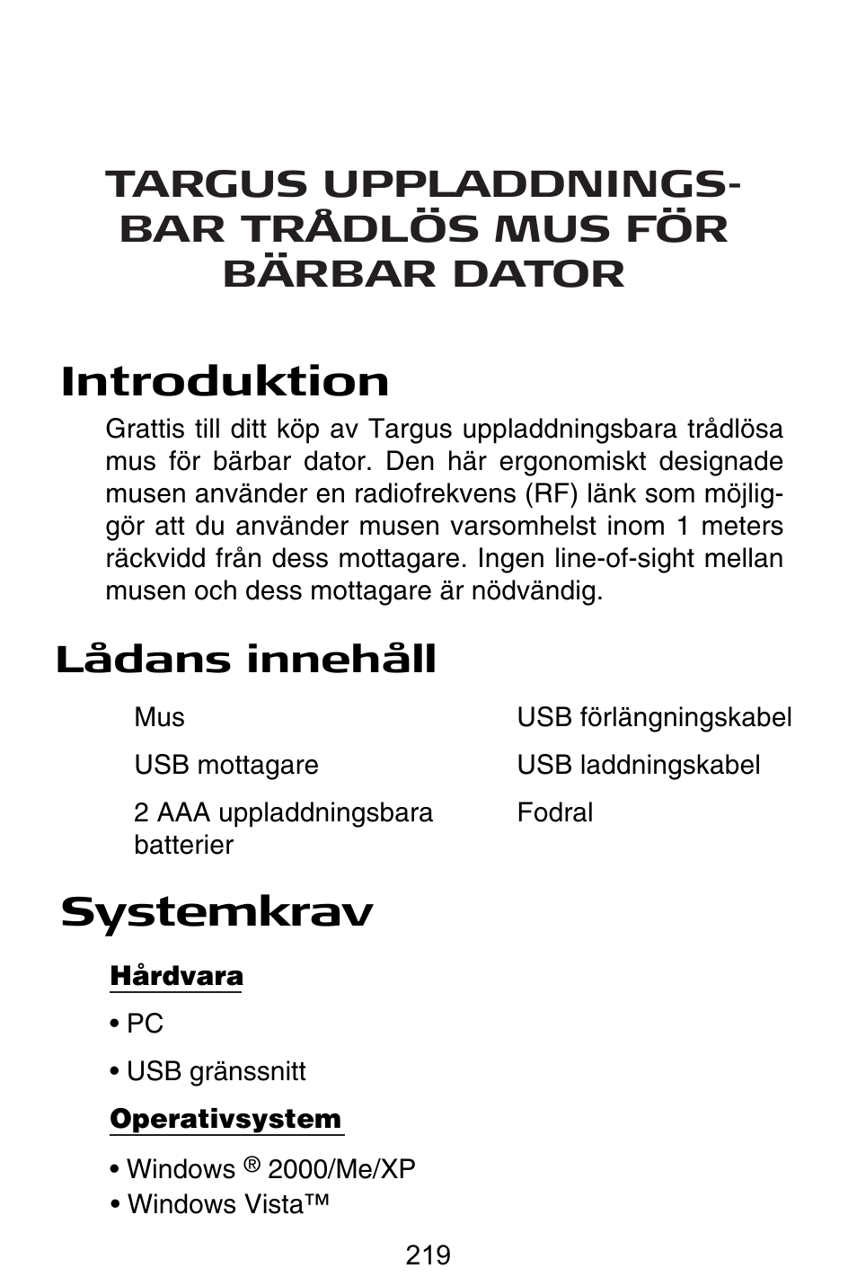 Se – svenska, Introduktion, Systemkrav | Lådans innehåll | Targus Rechargeable Wireless Notebook Mouse User Manual | Page 219 / 259