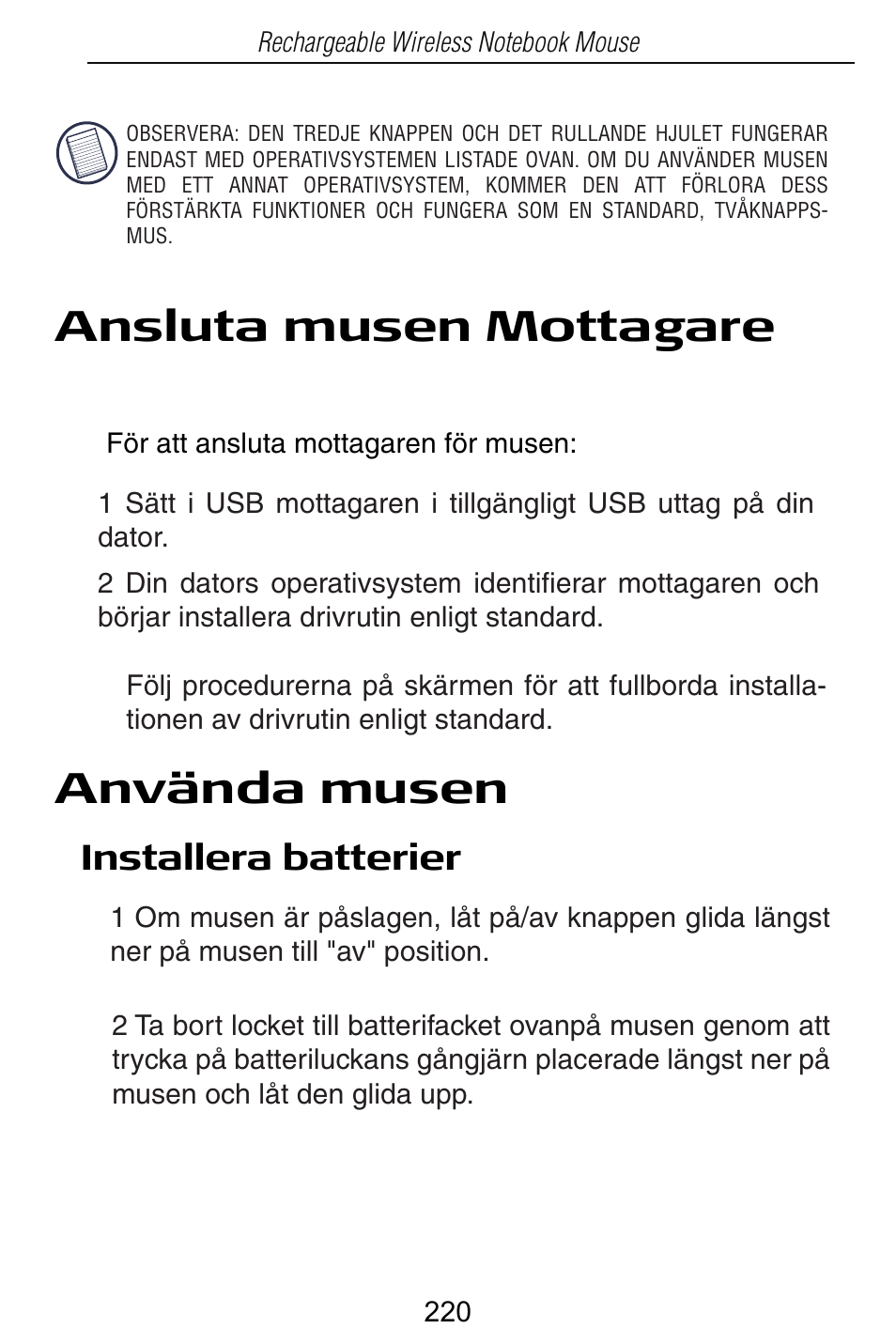 Ansluta musen mottagare, Använda musen | Targus Rechargeable Wireless Notebook Mouse User Manual | Page 220 / 259